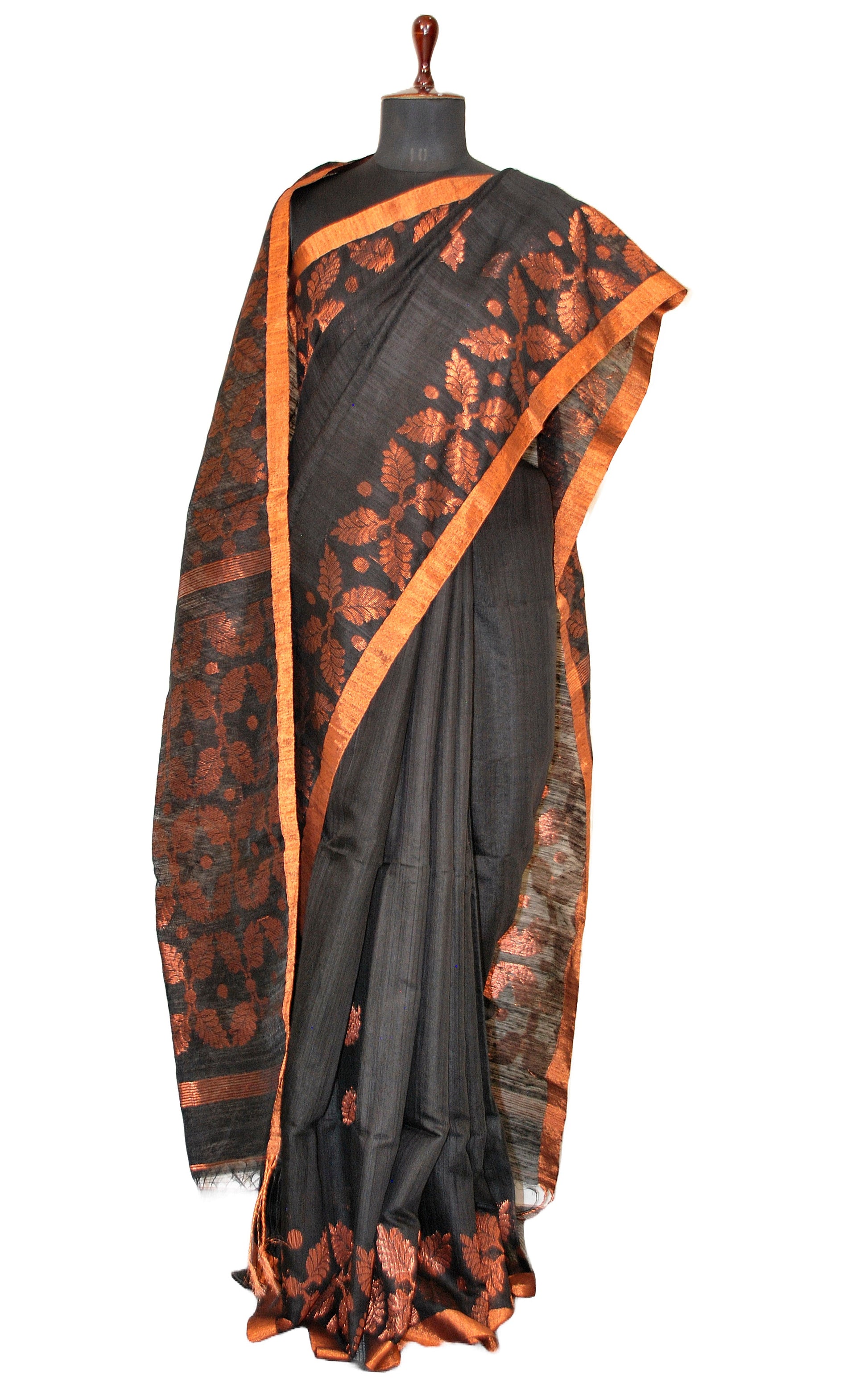 Woven Leaf Work Premium Matka Tussar Silk Jamdani Saree in Black and Copper