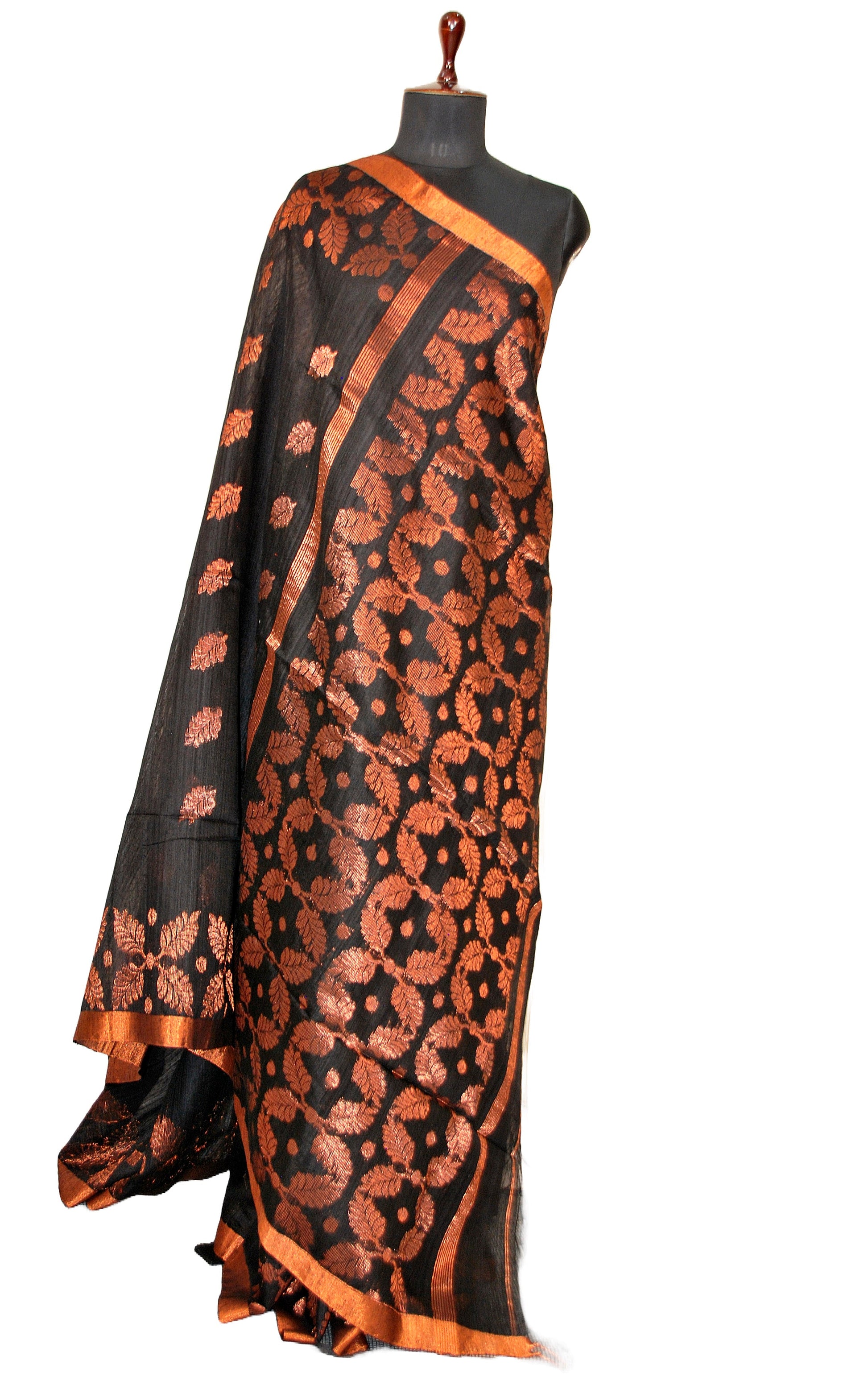 Woven Leaf Work Premium Matka Tussar Silk Jamdani Saree in Black and Copper