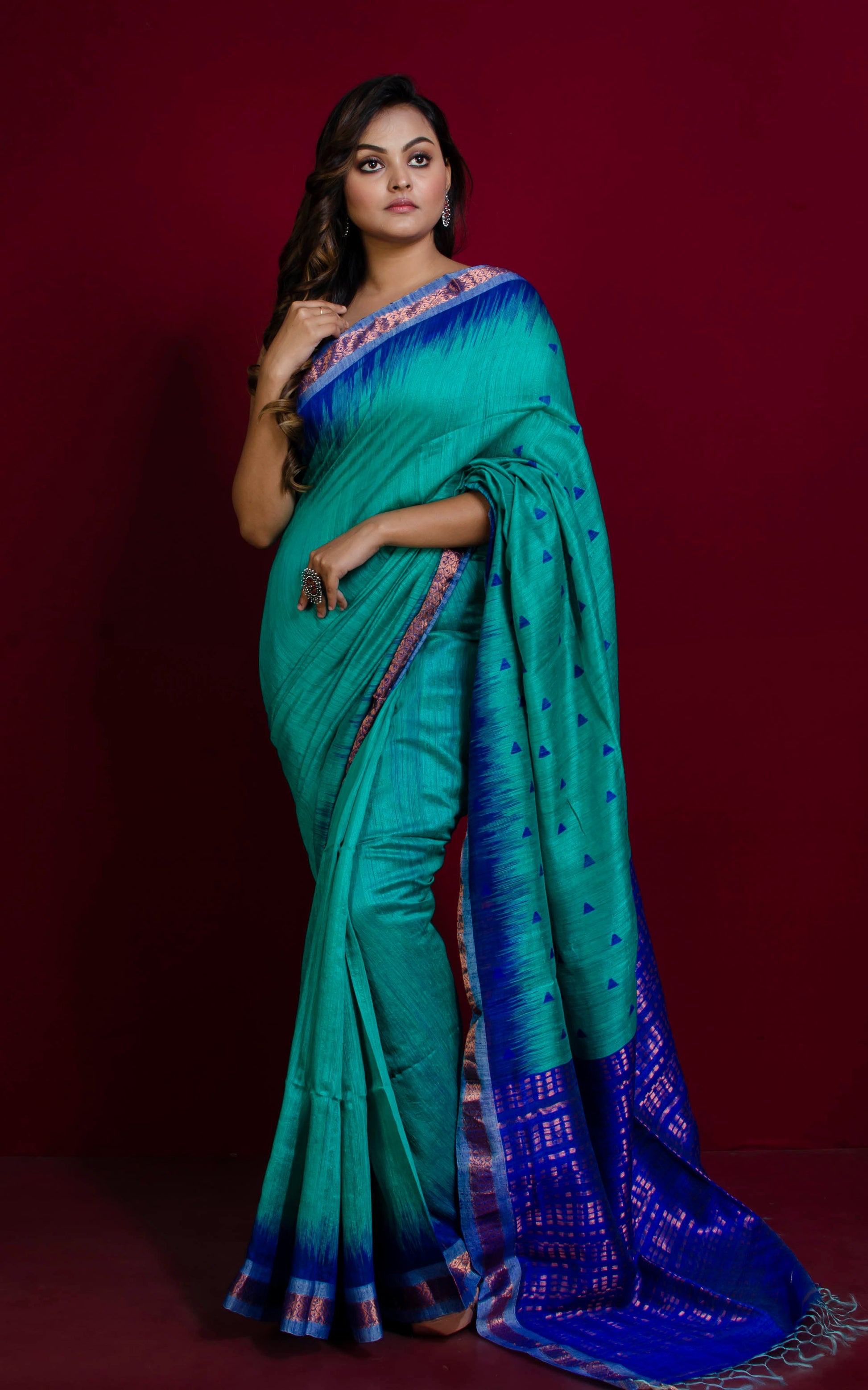 Super Soft Woven Sambalpuri Kotki Work on Medium Zari Nakshi Border Premium Matka Tussar Silk Jamdani Saree in Seagreen and Royal Blue