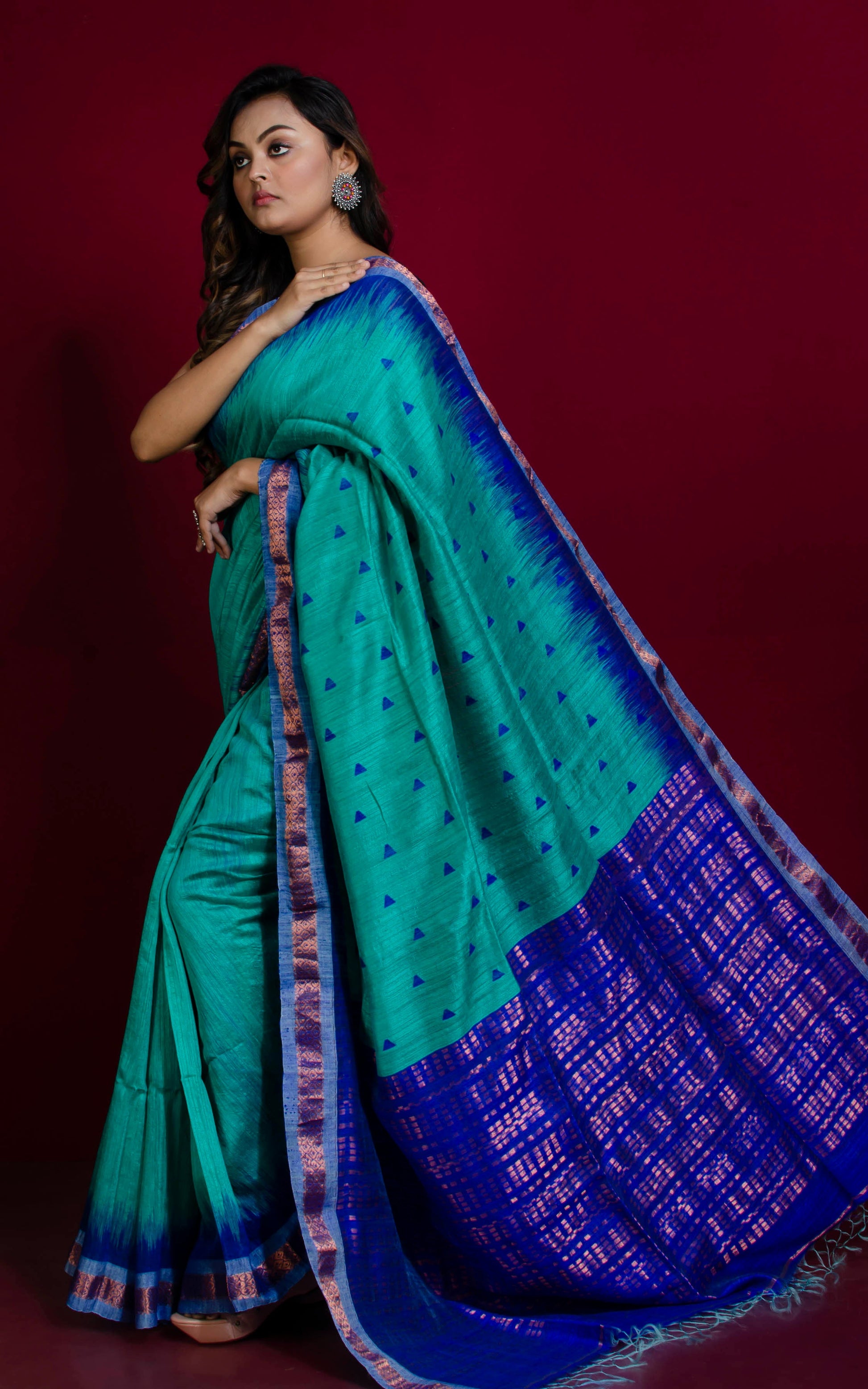 Super Soft Woven Sambalpuri Kotki Work on Medium Zari Nakshi Border Premium Matka Tussar Silk Jamdani Saree in Seagreen and Royal Blue