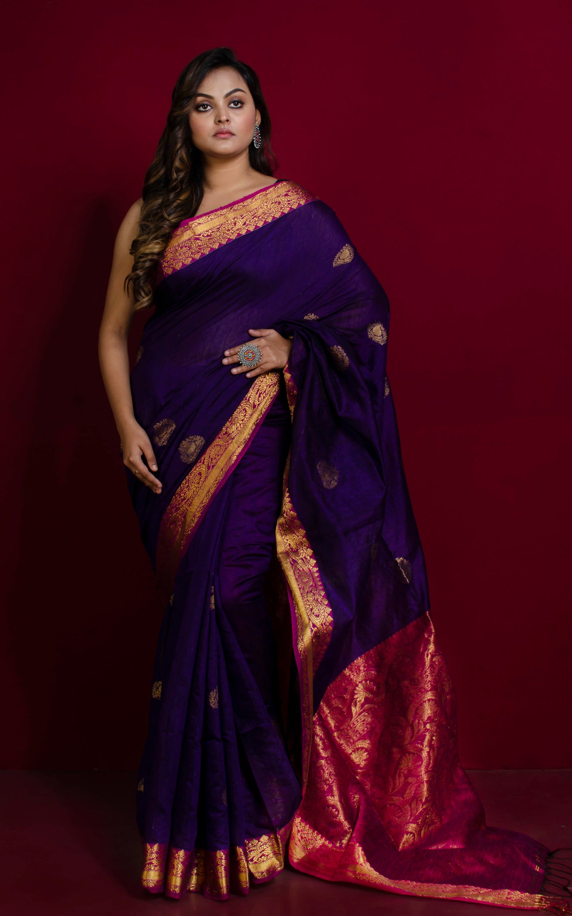 Matka Tussar Silk Banarasi Saree in Indigo, Magenta and Gold Zari Work