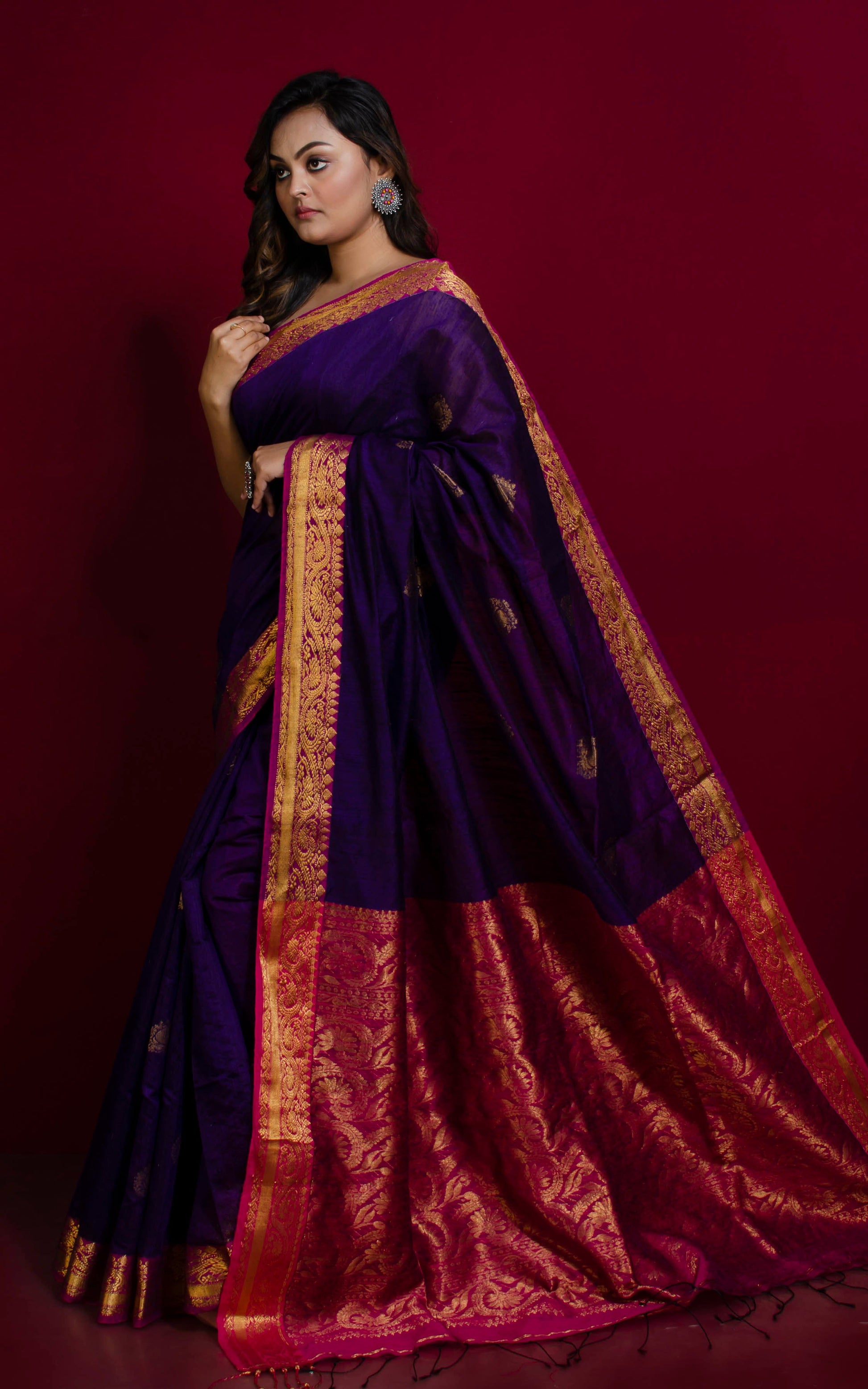 Matka Tussar Silk Banarasi Saree in Indigo, Magenta and Gold Zari Work