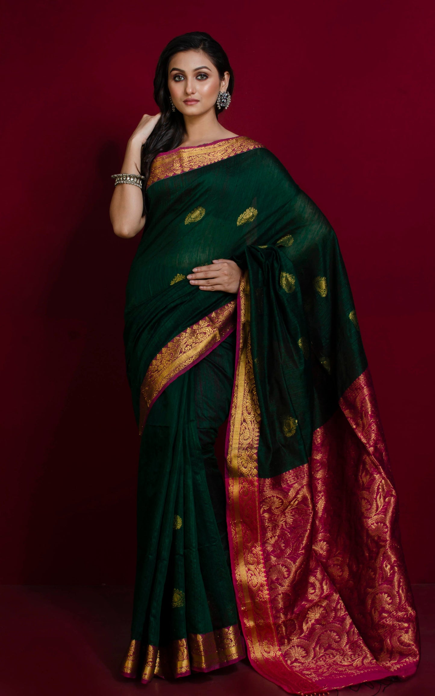 Matka Tussar Silk Banarasi Saree in Dark Green, Magenta and Gold Zari Work