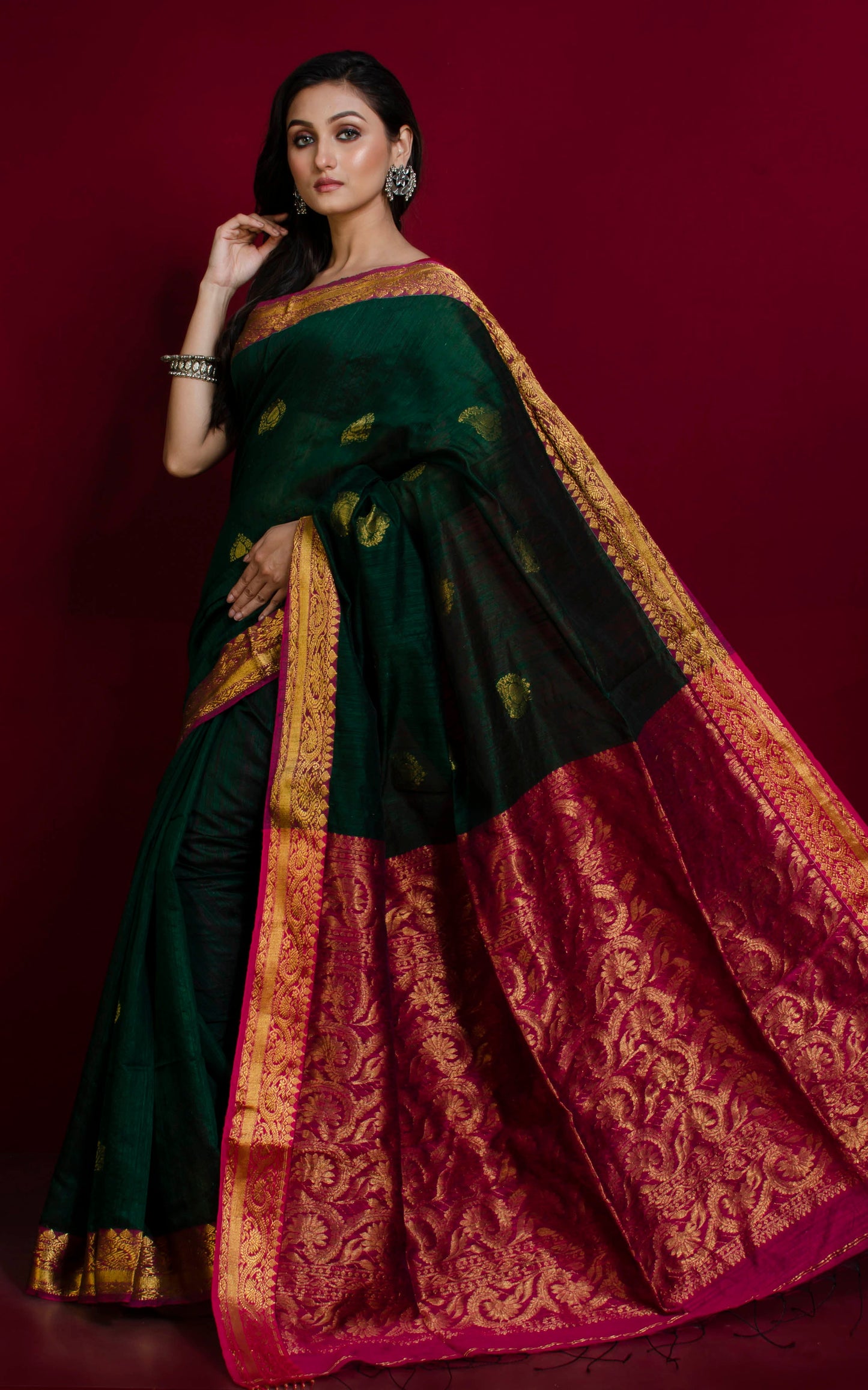 Matka Tussar Silk Banarasi Saree in Dark Green, Magenta and Gold Zari Work