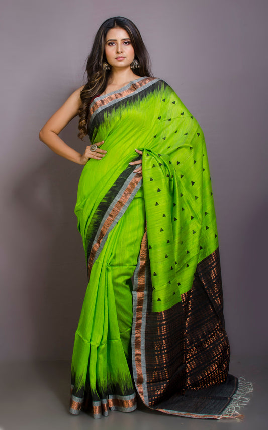 Super Soft Woven Sambalpuri Kotki Work on Medium Zari Nakshi Border Premium Matka Tussar Silk Jamdani Saree in Lawn Green and Black