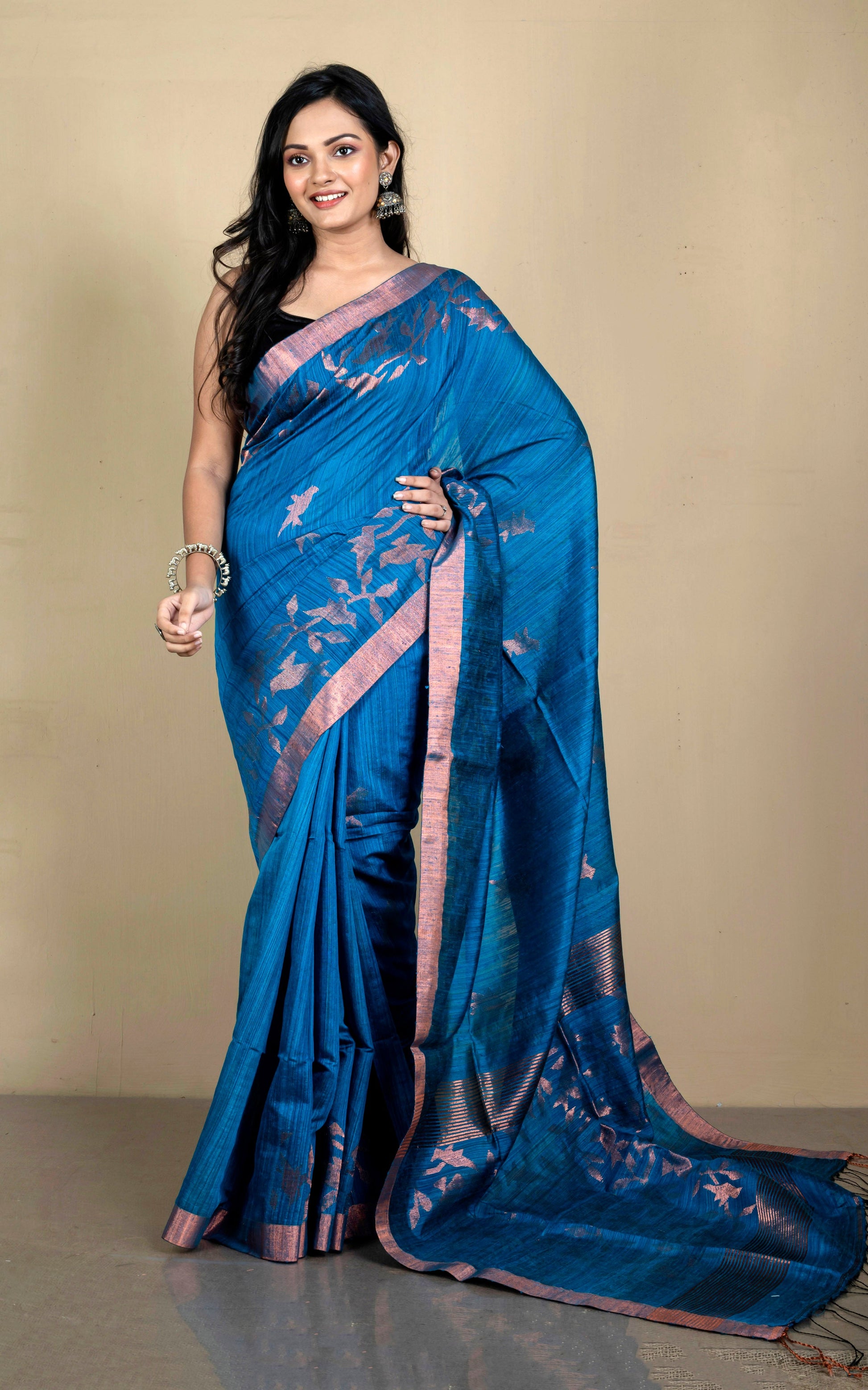 Woven Munia Work Premium Matka Tussar Silk Jamdani Saree in Yale Blue and Copper