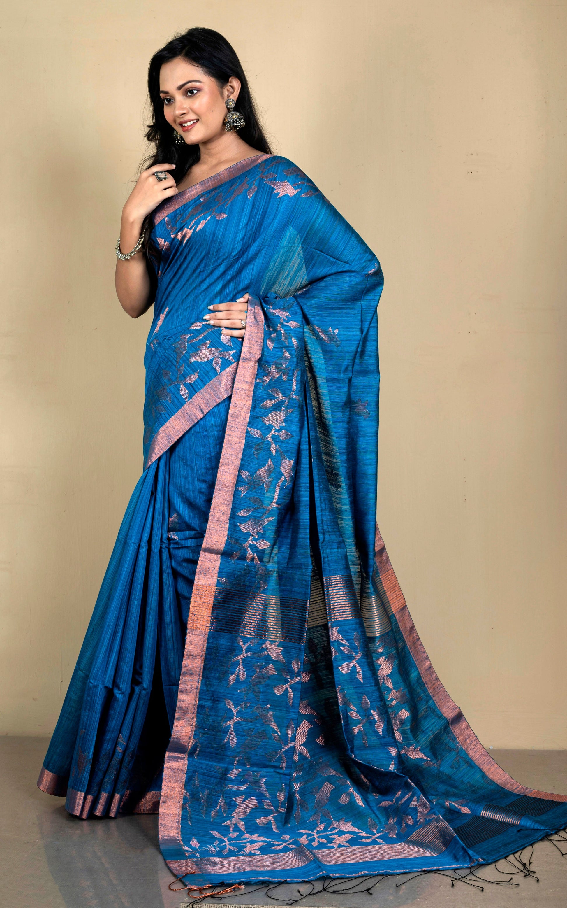 Woven Munia Work Premium Matka Tussar Silk Jamdani Saree in Yale Blue and Copper