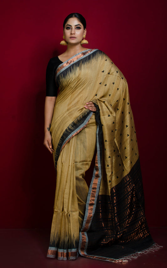 Super Soft Woven Sambalpuri Kotki Work on Medium Zari Nakshi Border Premium Matka Tussar Silk Jamdani Saree in Beige and Black