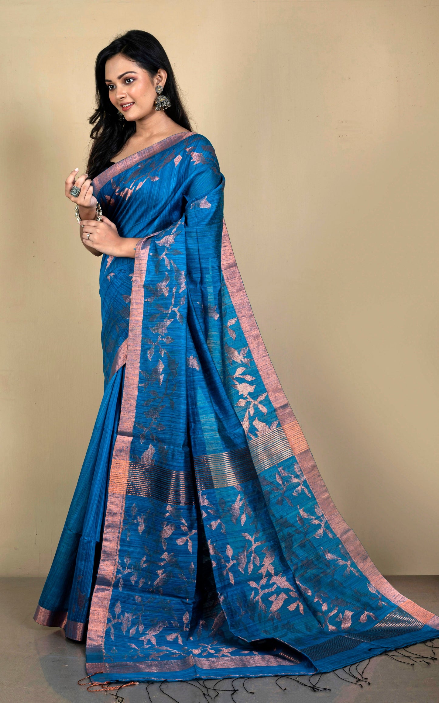 Woven Munia Work Premium Matka Tussar Silk Jamdani Saree in Yale Blue and Copper