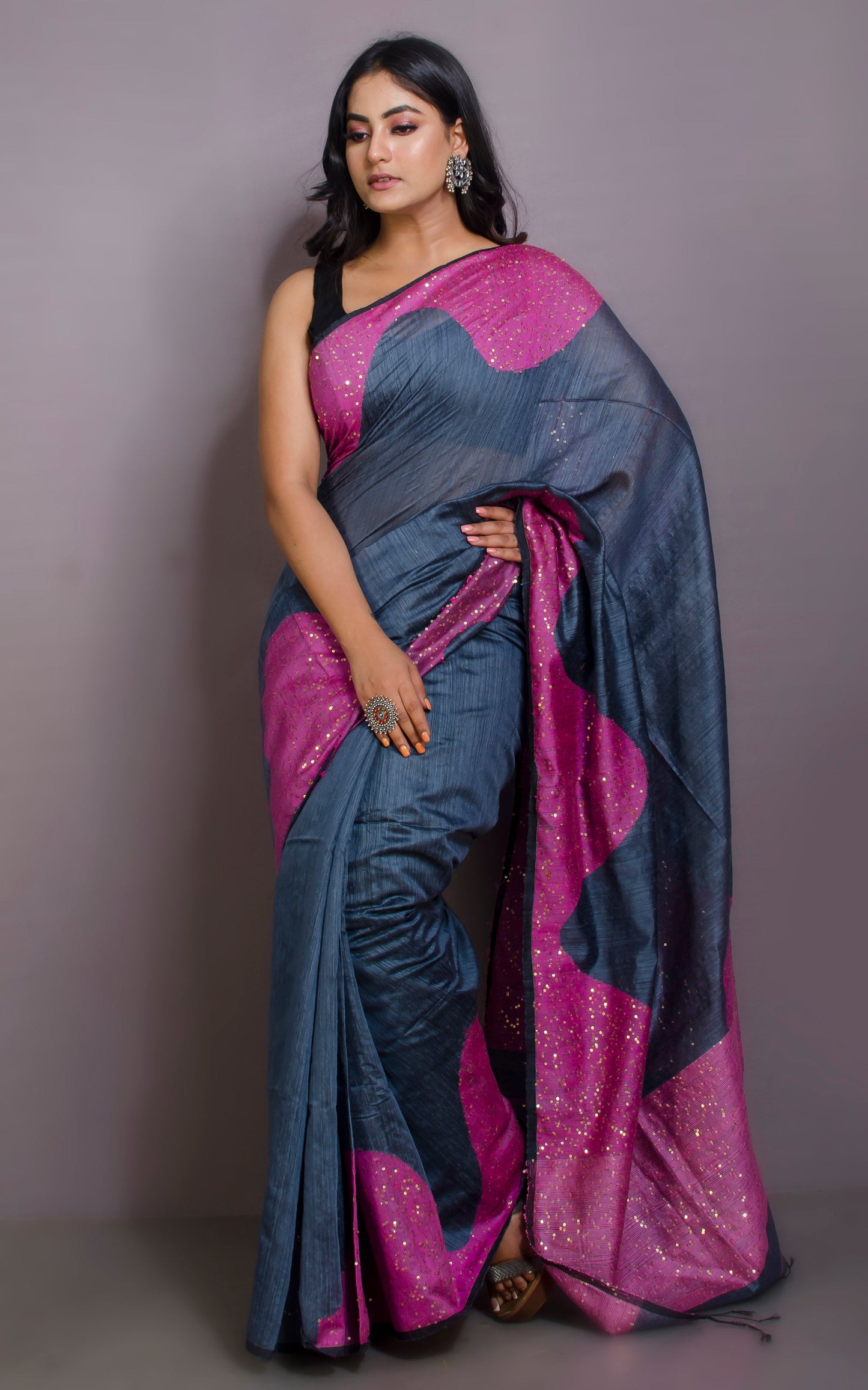 Woven Gold Studded Sequin Work Tussar Matka Silk Saree in Gray and Pink