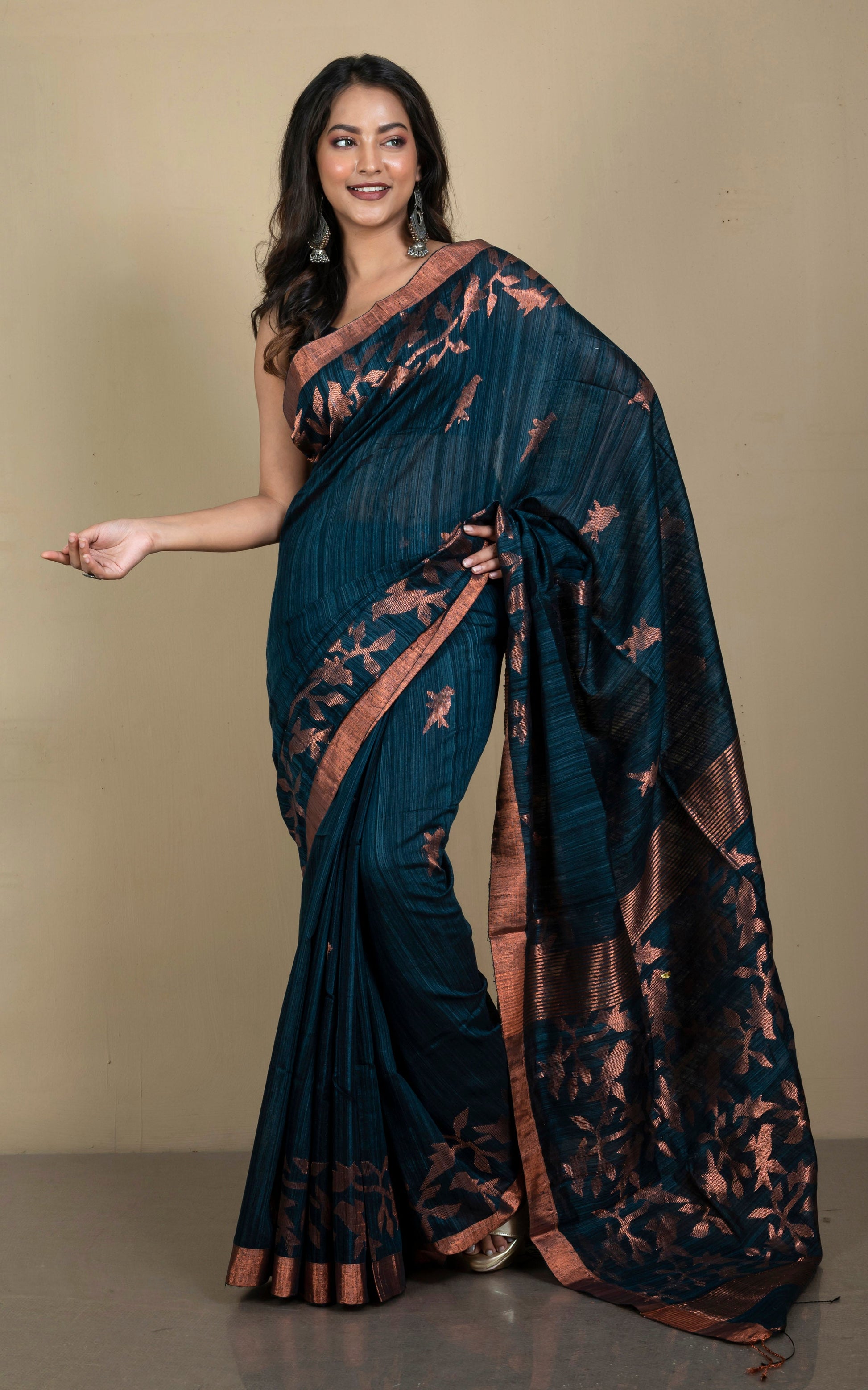 Woven Munia Work Premium Matka Tussar Silk Jamdani Saree in Deep Steel Blue and Copper