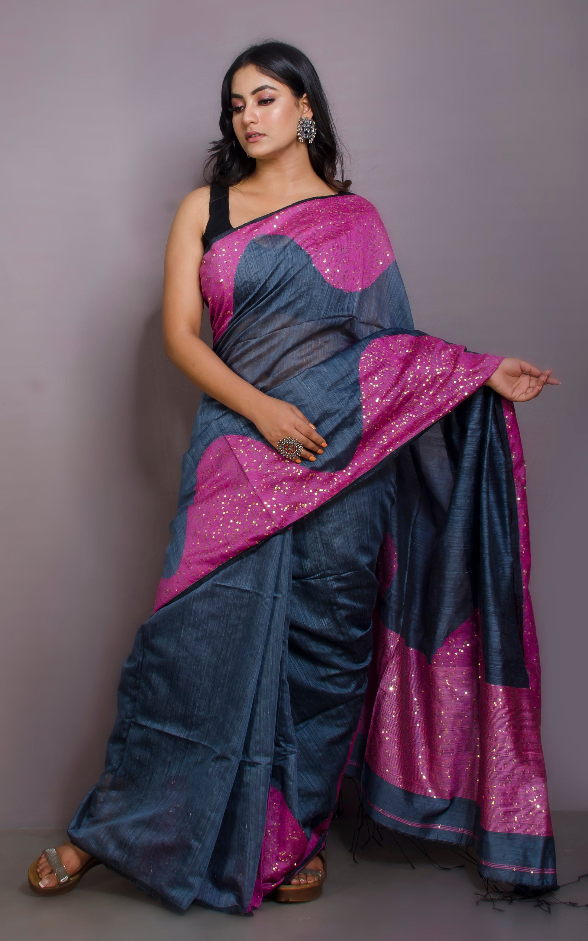 Woven Gold Studded Sequin Work Tussar Matka Silk Saree in Gray and Pink