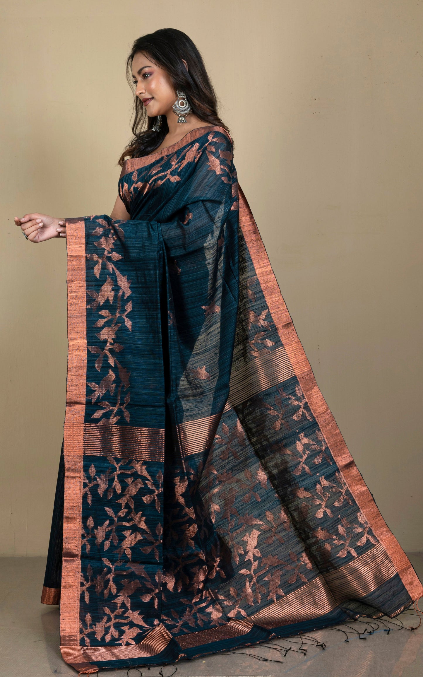 Woven Munia Work Premium Matka Tussar Silk Jamdani Saree in Deep Steel Blue and Copper