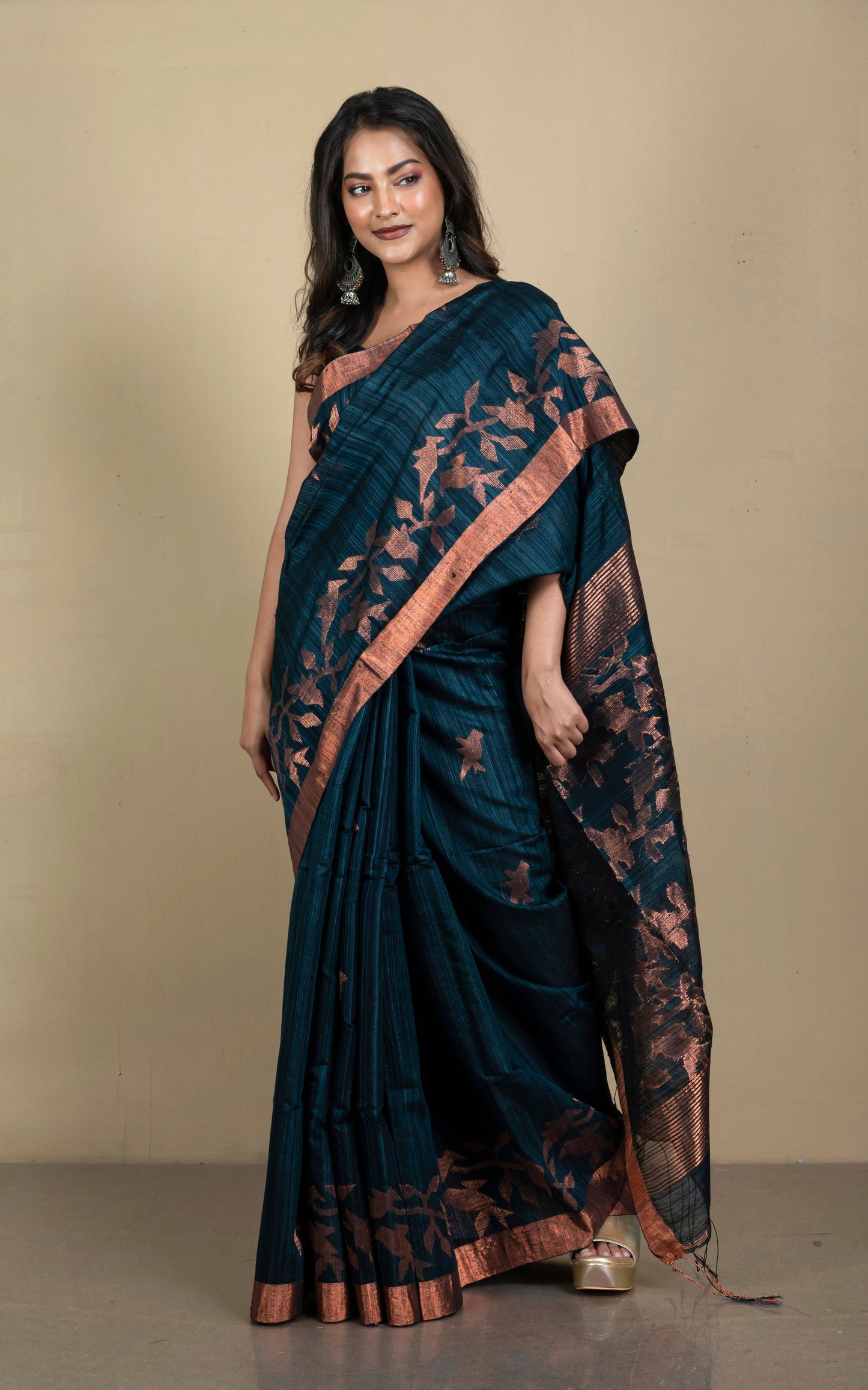 Woven Munia Work Premium Matka Tussar Silk Jamdani Saree in Deep Steel Blue and Copper