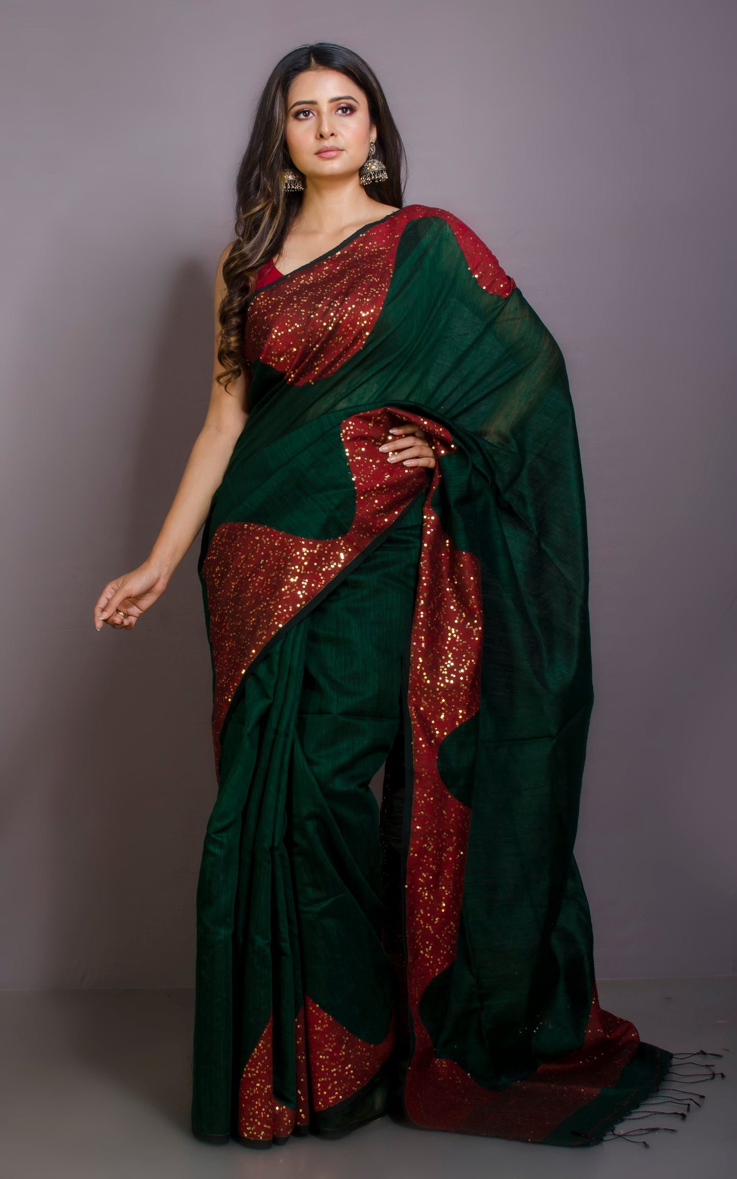 Woven Gold Studded Sequin Work Tussar Matka Silk Saree in Dark Green and Red
