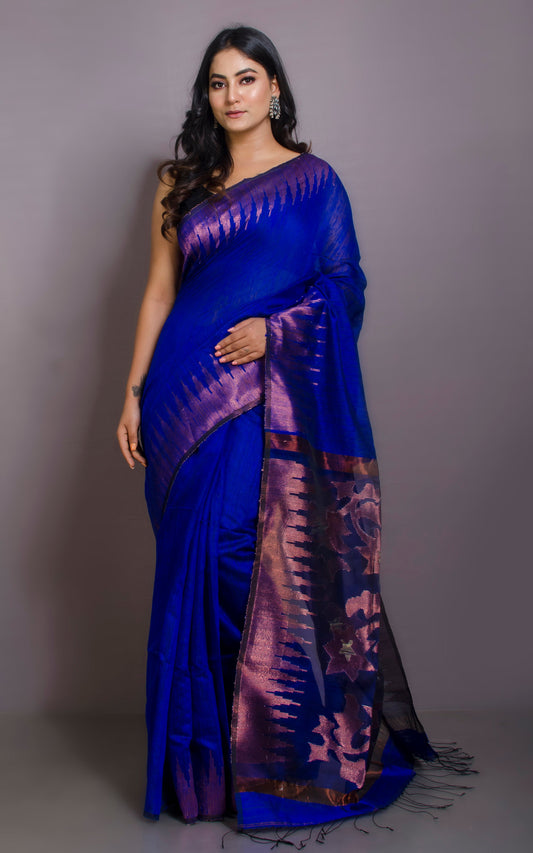 Crowned Temple Border Matka Tussar Silk Jamdani Saree in Royal Blue and Copper Zari Work