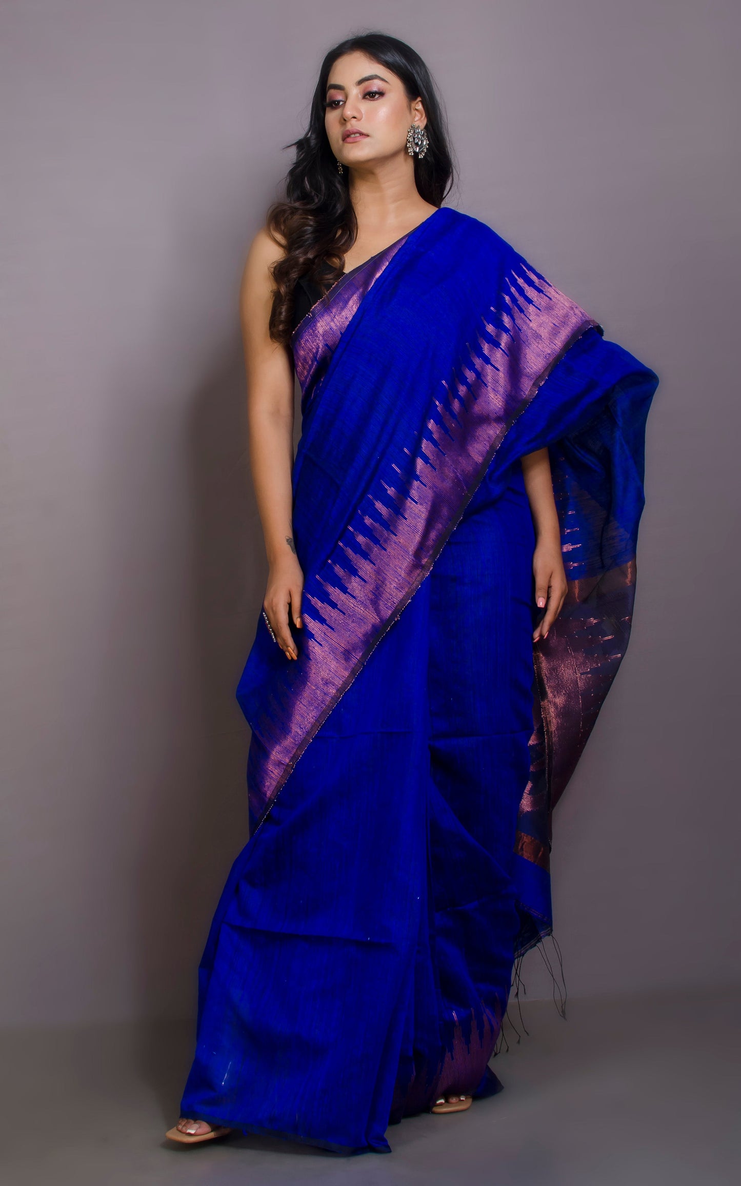 Crowned Temple Border Matka Tussar Silk Jamdani Saree in Royal Blue and Copper Zari Work