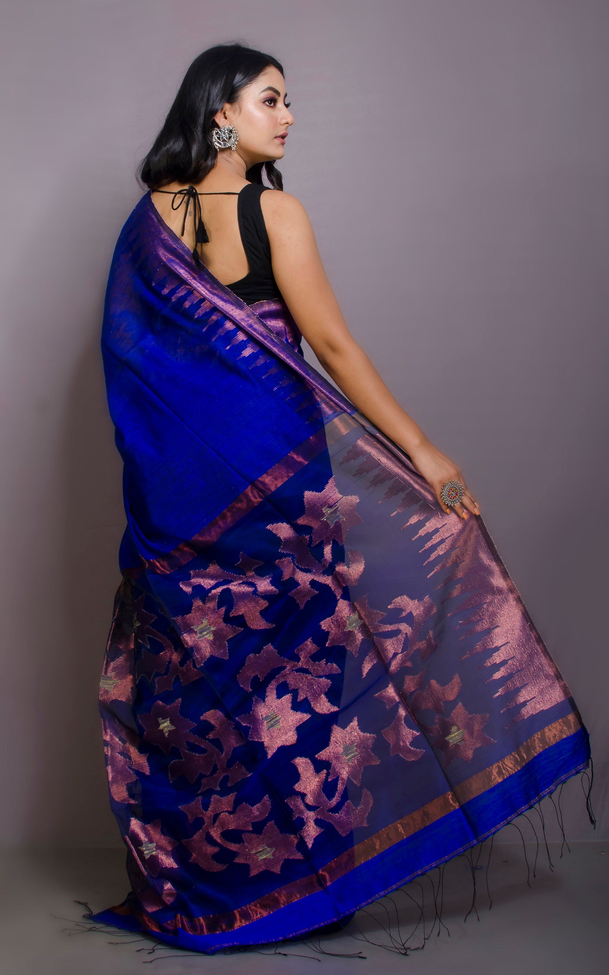 Crowned Temple Border Matka Tussar Silk Jamdani Saree in Royal Blue and Copper Zari Work