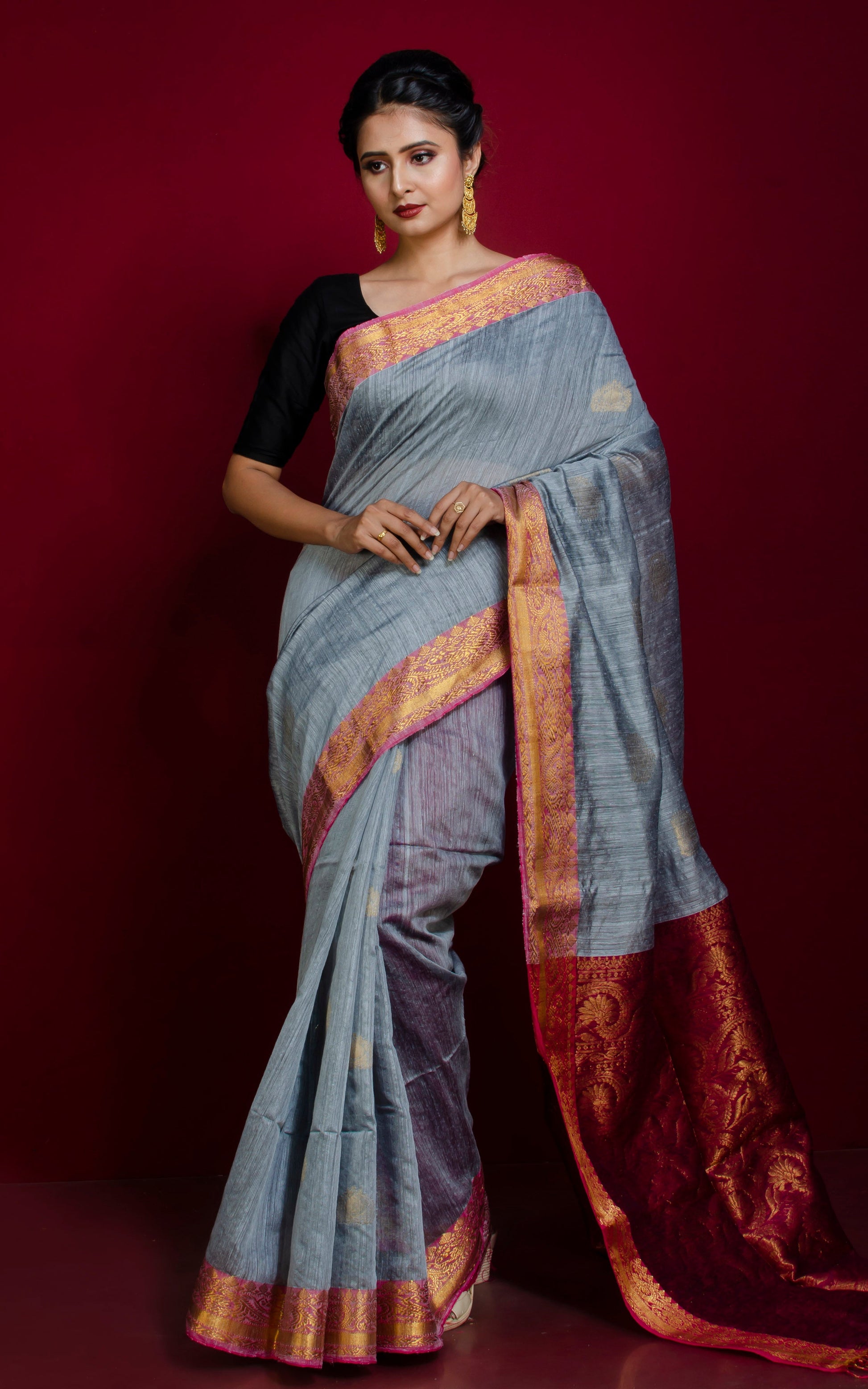 Matka Tussar Silk Banarasi Saree in Silver Grey, Hot Pink and Gold Zari Work