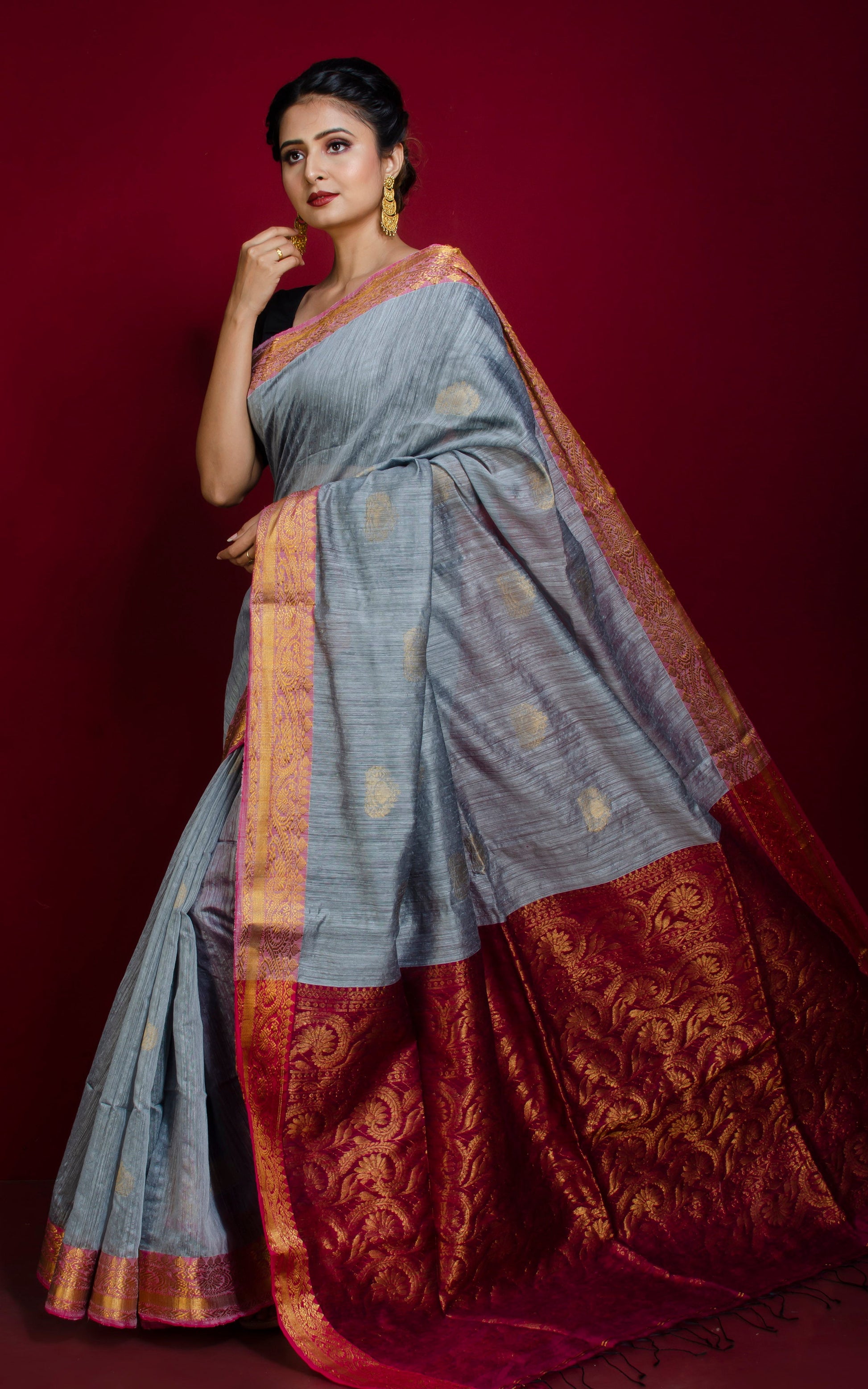 Matka Tussar Silk Banarasi Saree in Silver Grey, Hot Pink and Gold Zari Work