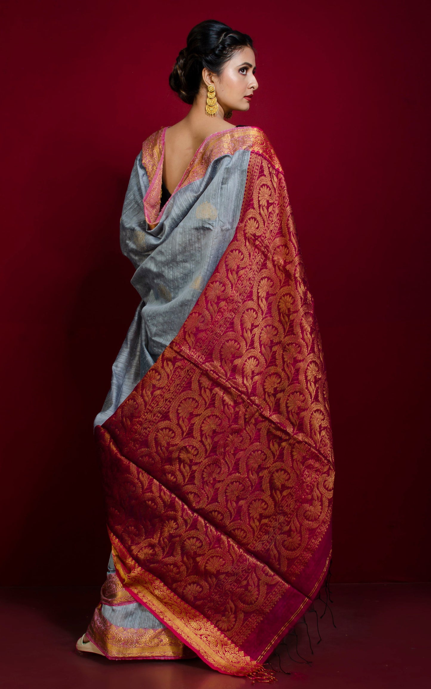 Matka Tussar Silk Banarasi Saree in Silver Grey, Hot Pink and Gold Zari Work