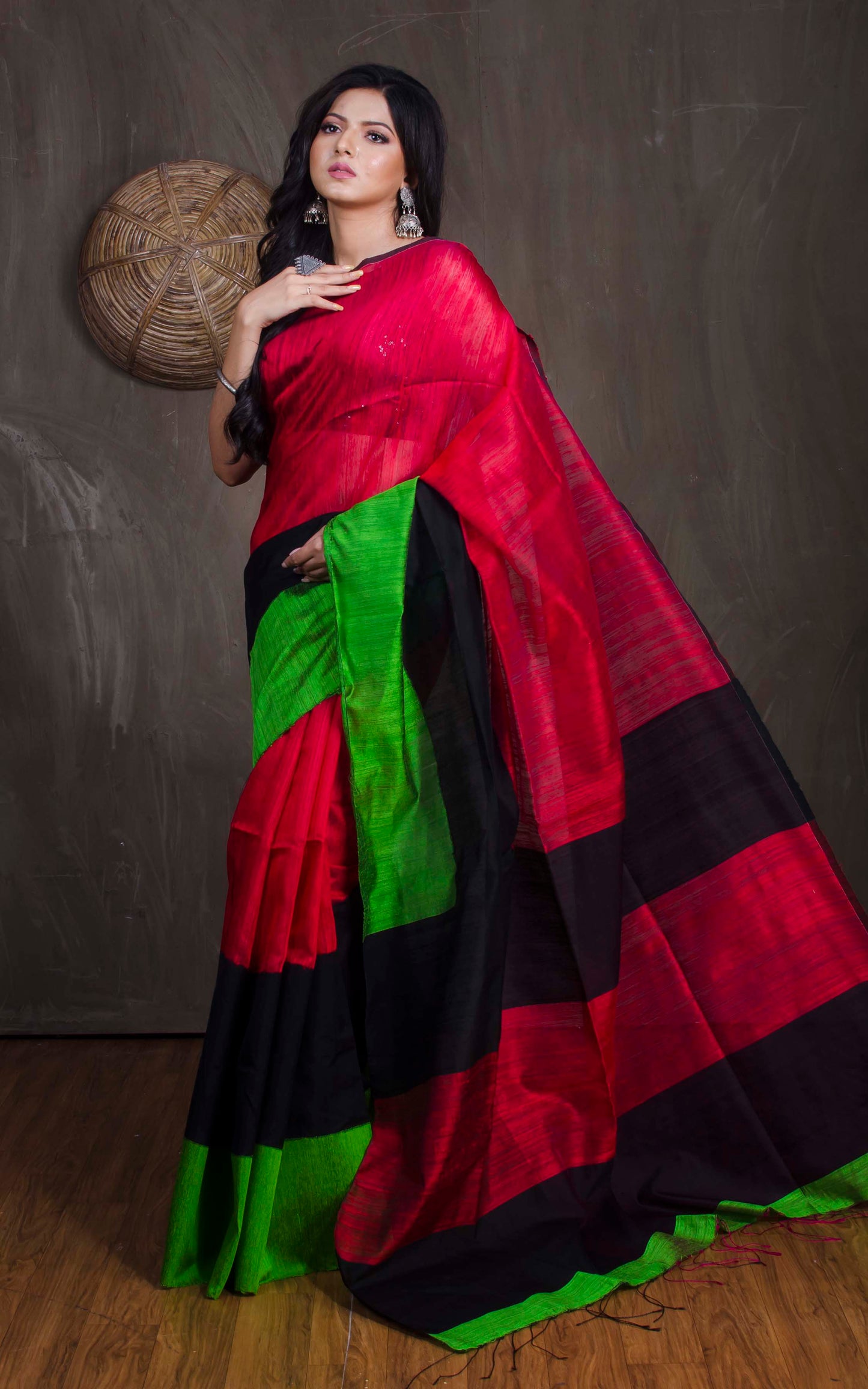 Premium Matka Tussar Saree with Skirt Border in Red, Black and Green