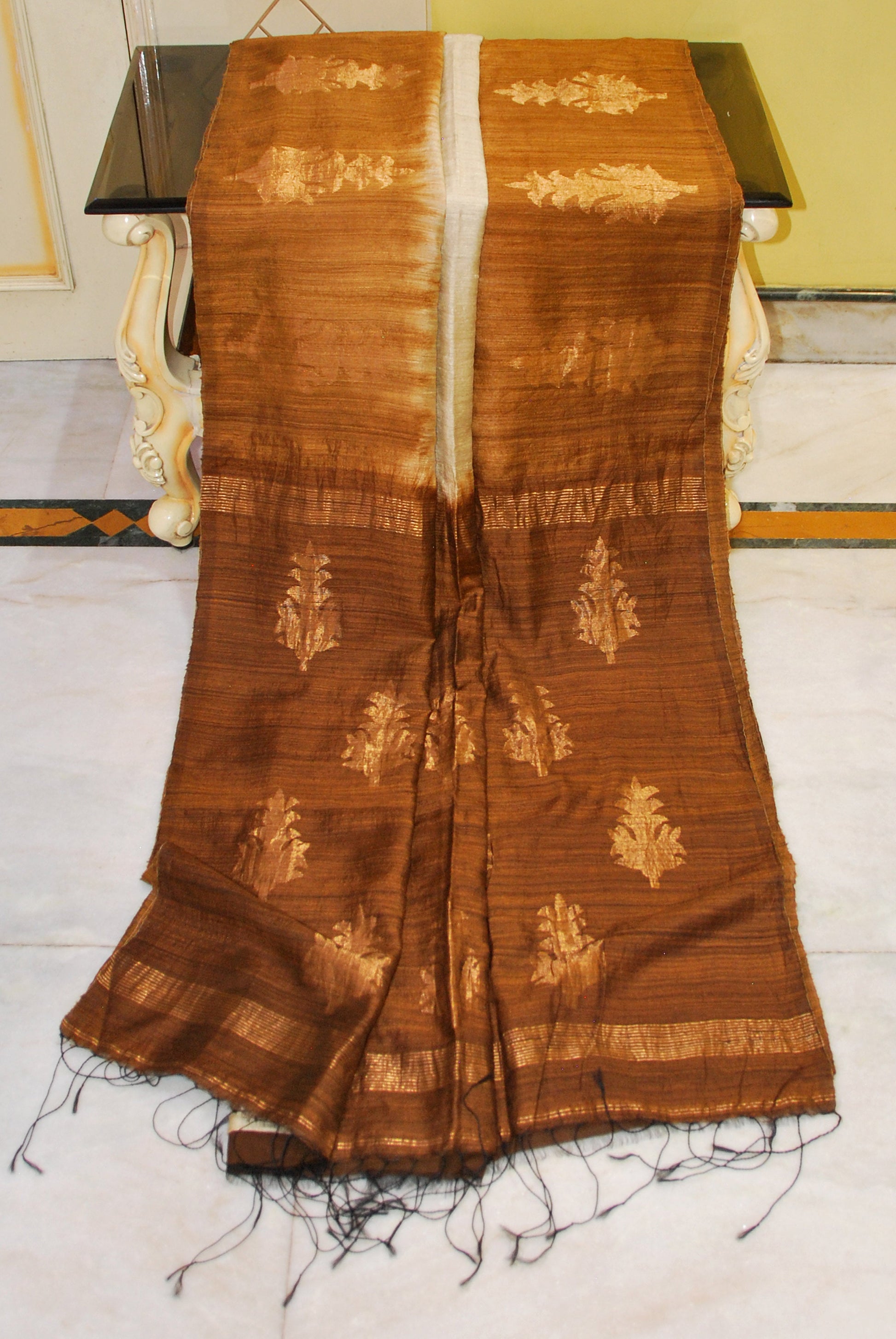 Premium Shibori Matka Tussar Silk Saree in Brown Oak and Parmesan