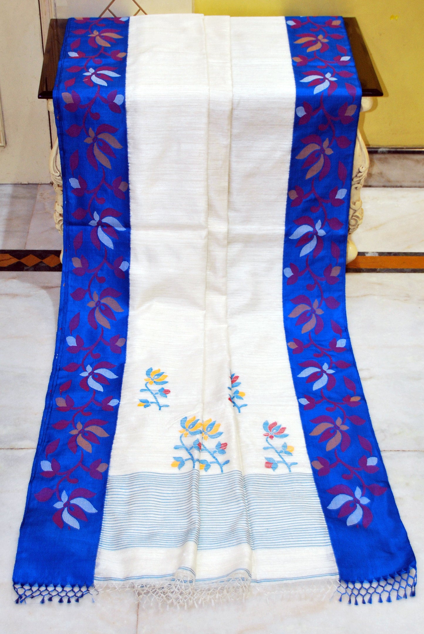 Premium Quality Kadiyal Double Warp Matka Tussar Jamdani Silk Saree in White, Royal Blue and Multicolored