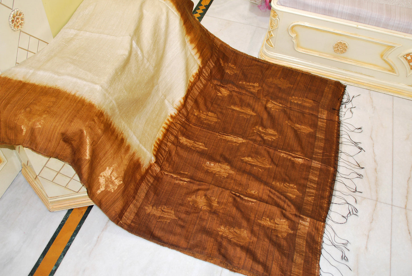 Premium Shibori Matka Tussar Silk Saree in Brown Oak and Parmesan