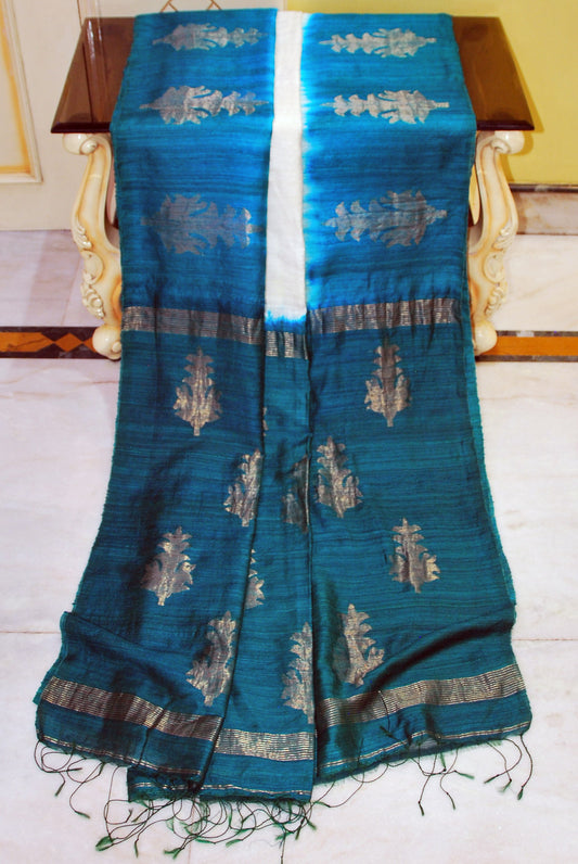 Premium Shibori Matka Tussar Silk Saree in Peacock Green and Off White