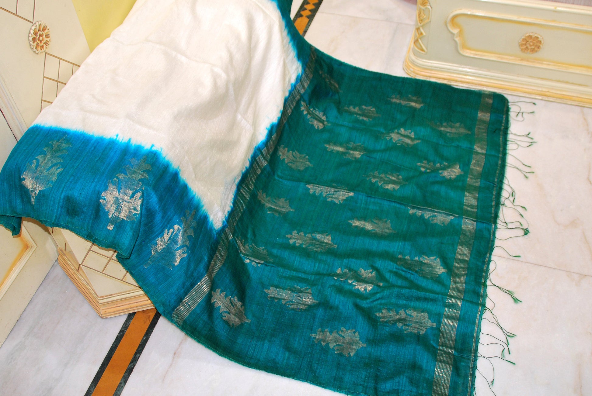 Premium Shibori Matka Tussar Silk Saree in Peacock Green and Off White