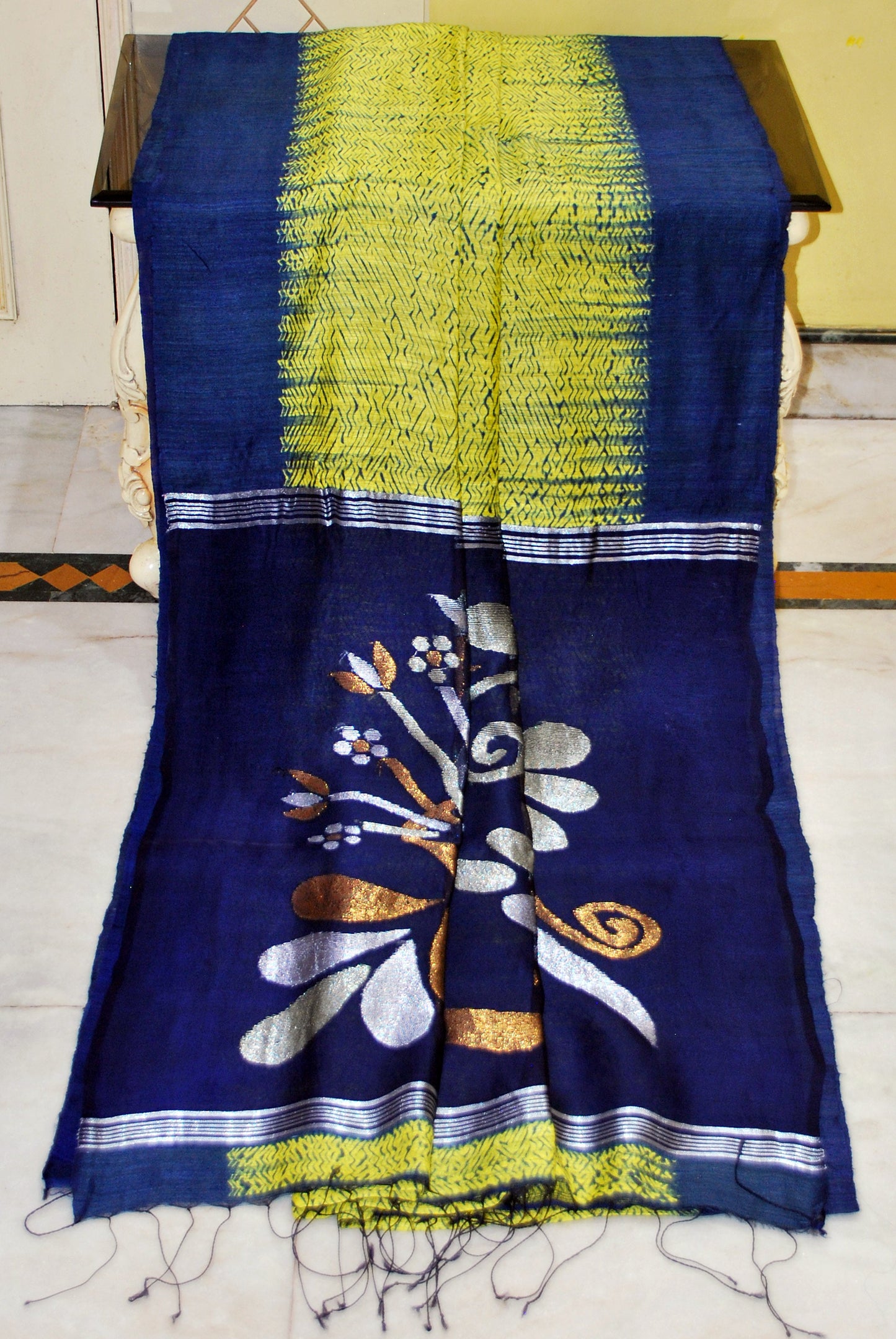 Tussar Shibori Matka Jamdani Saree in Lemon Yellow, Navy Blue with Copper and Silver Zari Work