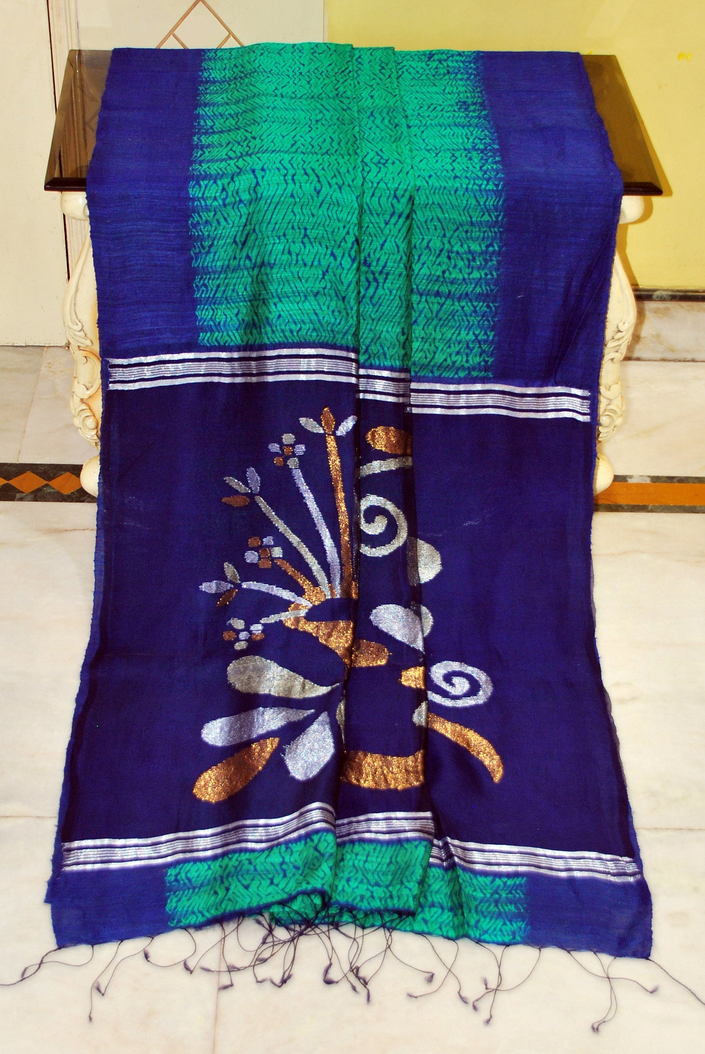 Tussar Shibori Matka Jamdani Saree in Sea green, Navy Blue with Copper and Silver Zari Work