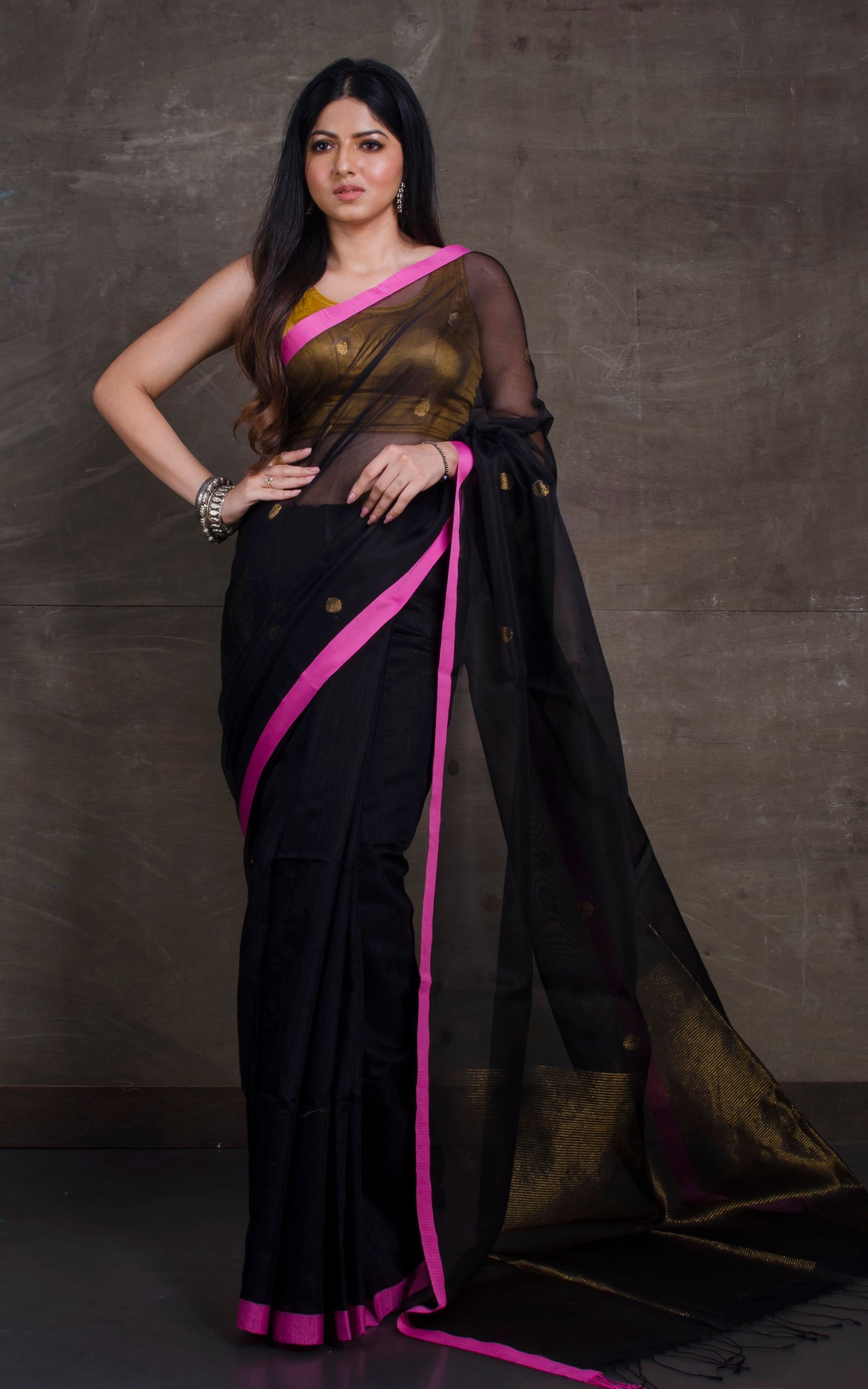 Half Tussar Silk and Half Muslin Saree in Black, Pink and Gold