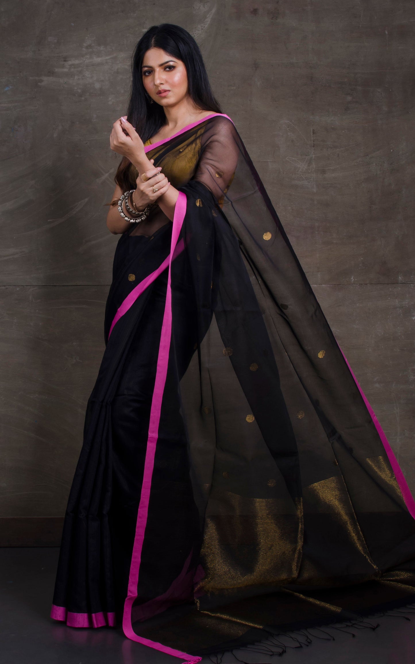 Half Tussar Silk and Half Muslin Saree in Black, Pink and Gold