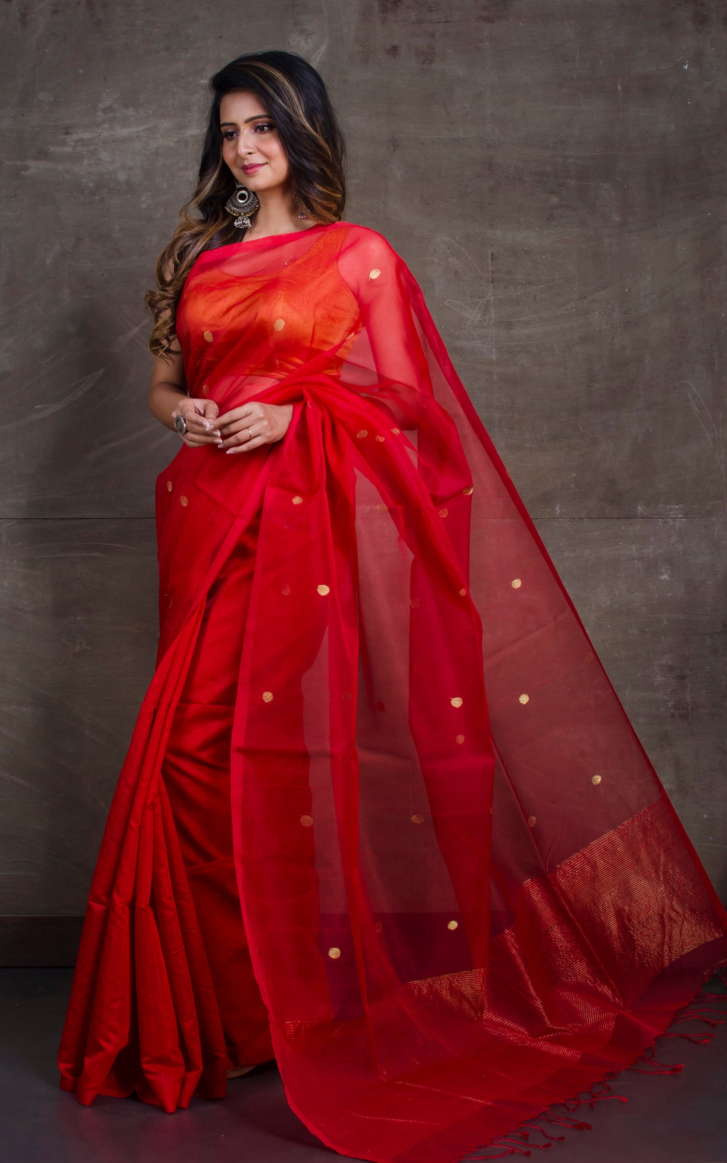 Half Tussar Silk and Half Muslin Saree in Crimson Red and Gold