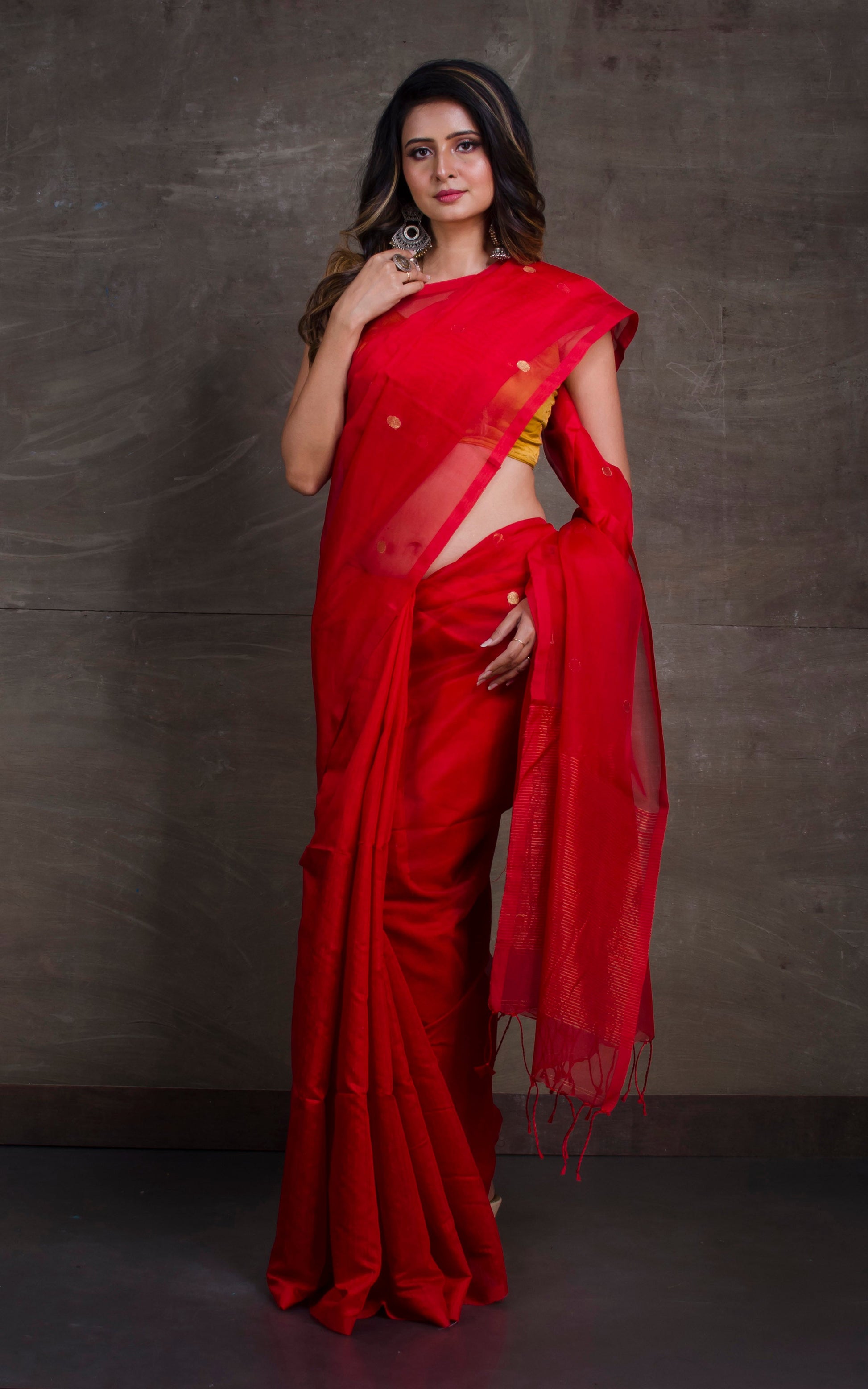 Half Tussar Silk and Half Muslin Saree in Crimson Red and Gold