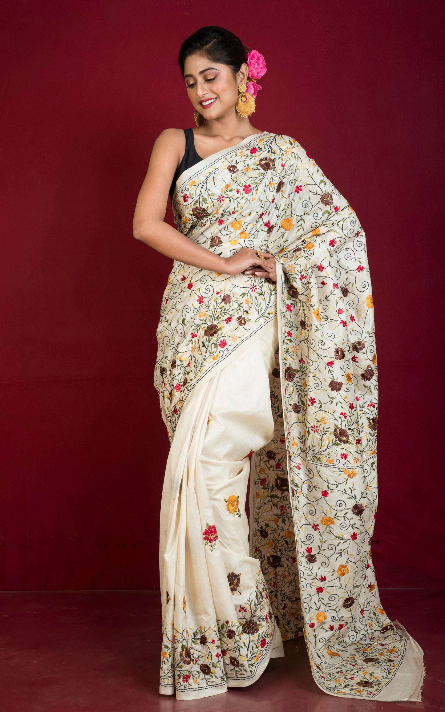 Hand Parsi Embroidery Work Tussar Silk Saree in Light Beige and Multicolored Thread Work