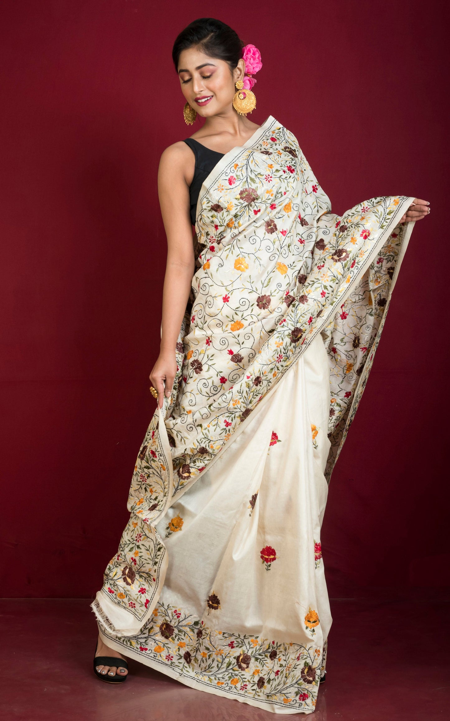 Hand Parsi Embroidery Work Tussar Silk Saree in Light Beige and Multicolored Thread Work