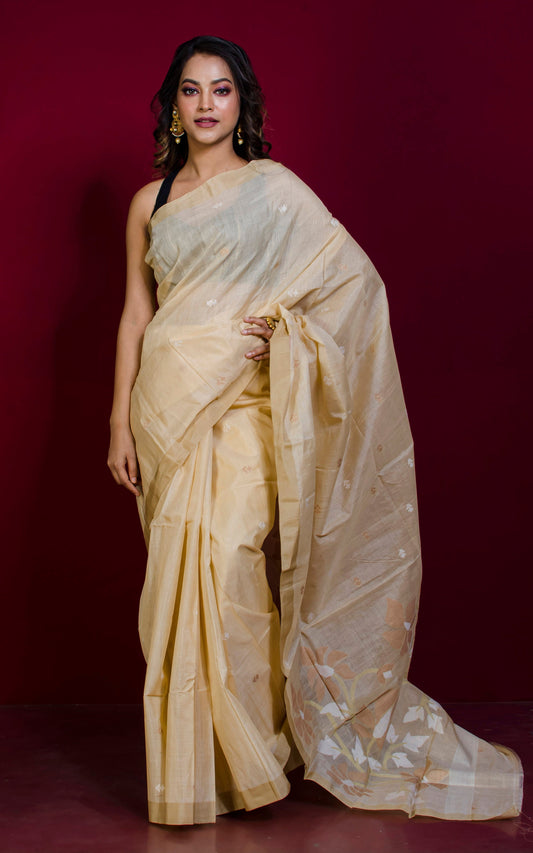 Premium Quality Tussar Silk Jamdani Saree in Parmesan Cheese, Light Brown and Off White