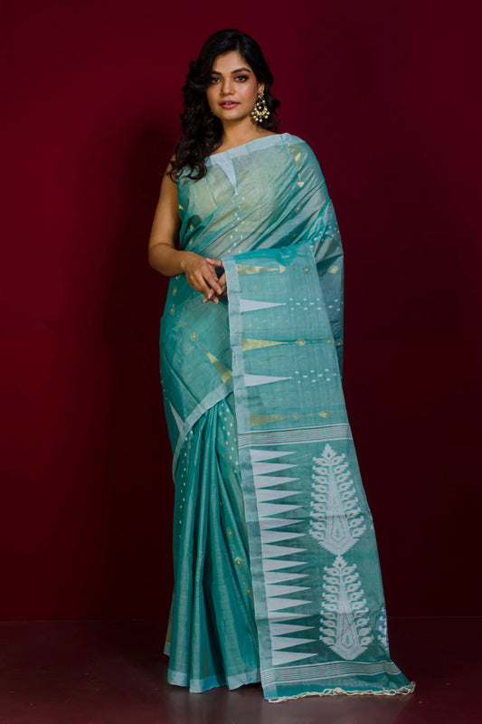 Handloom Tussar Silk Jamdani Saree in Larchmere Green, Off White and Gold