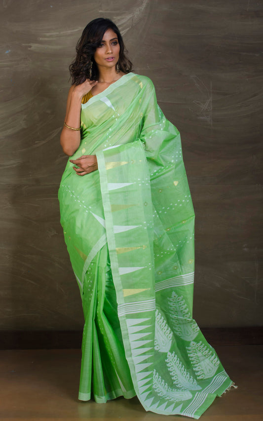 Handloom Tussar Silk Jamdani Saree in Bright Pastel Green, Off White and Gold