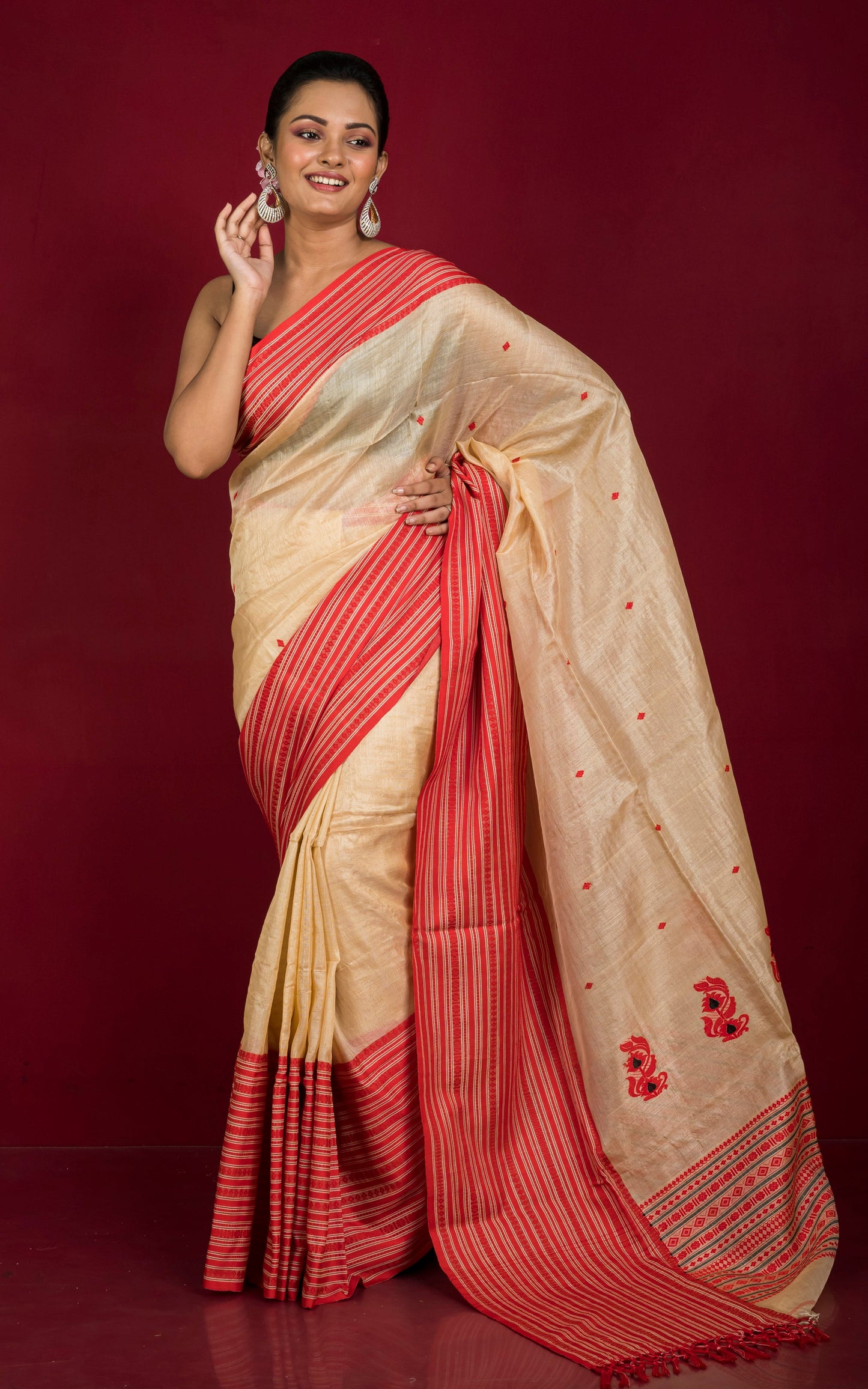 Premium Quality Tussar Silk Mahapar Nakshi Work Saree in Beige, Red and Black