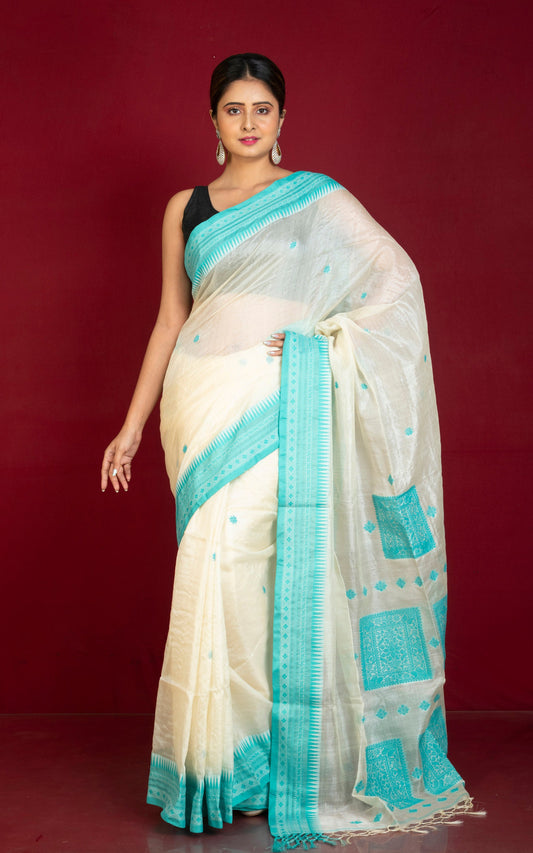 Premium Quality Tussar Silk Bomkai Saree in Off White and Common Teal with Nakshi Woven Thread Work