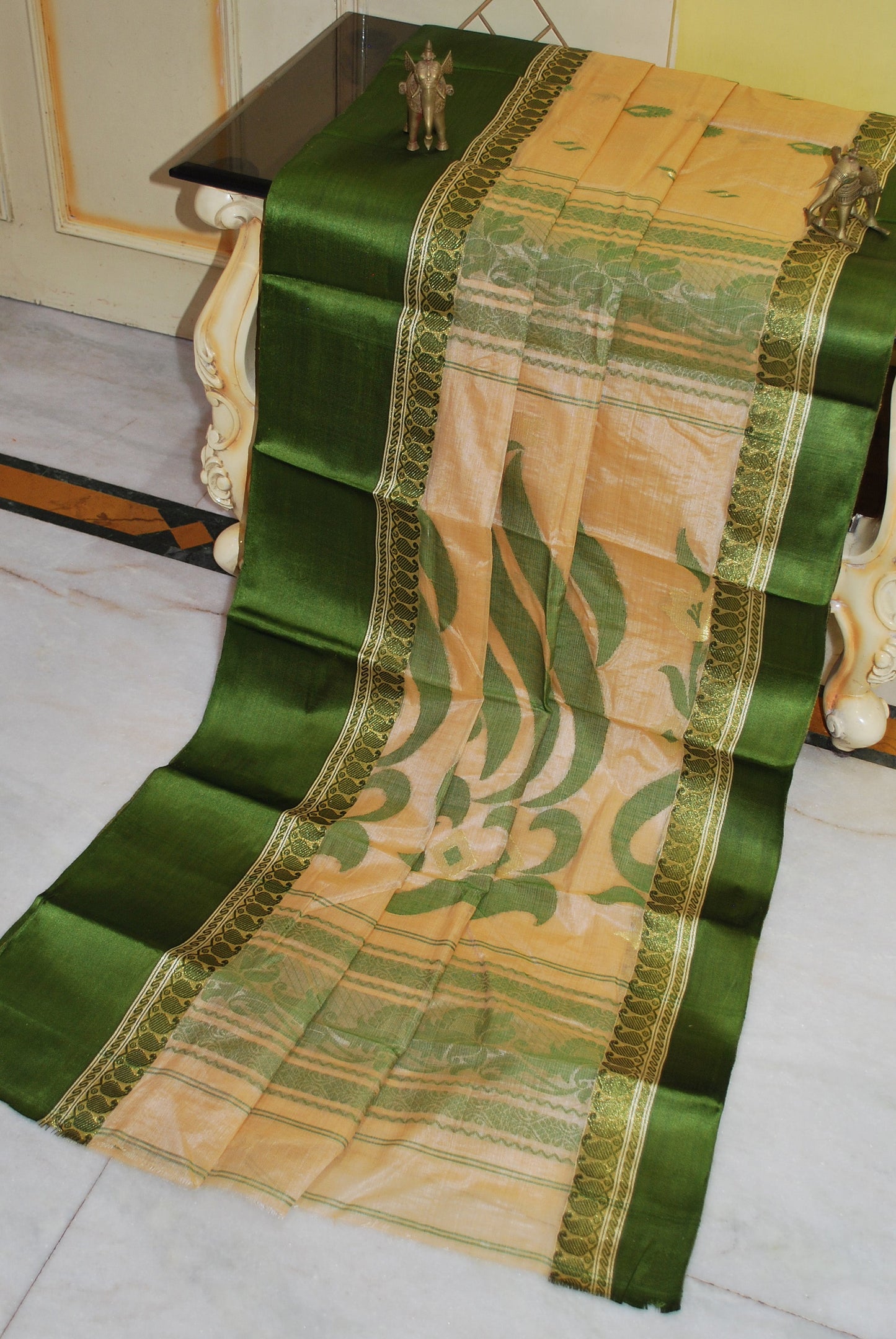 Satin Velvet Border Traditional Bengal Tussar Silk Saree in Beige and Juniper Green