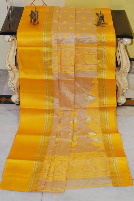 Satin Velvet Border Traditional Bengal Tussar Silk Saree in Beige and Bright Yellow