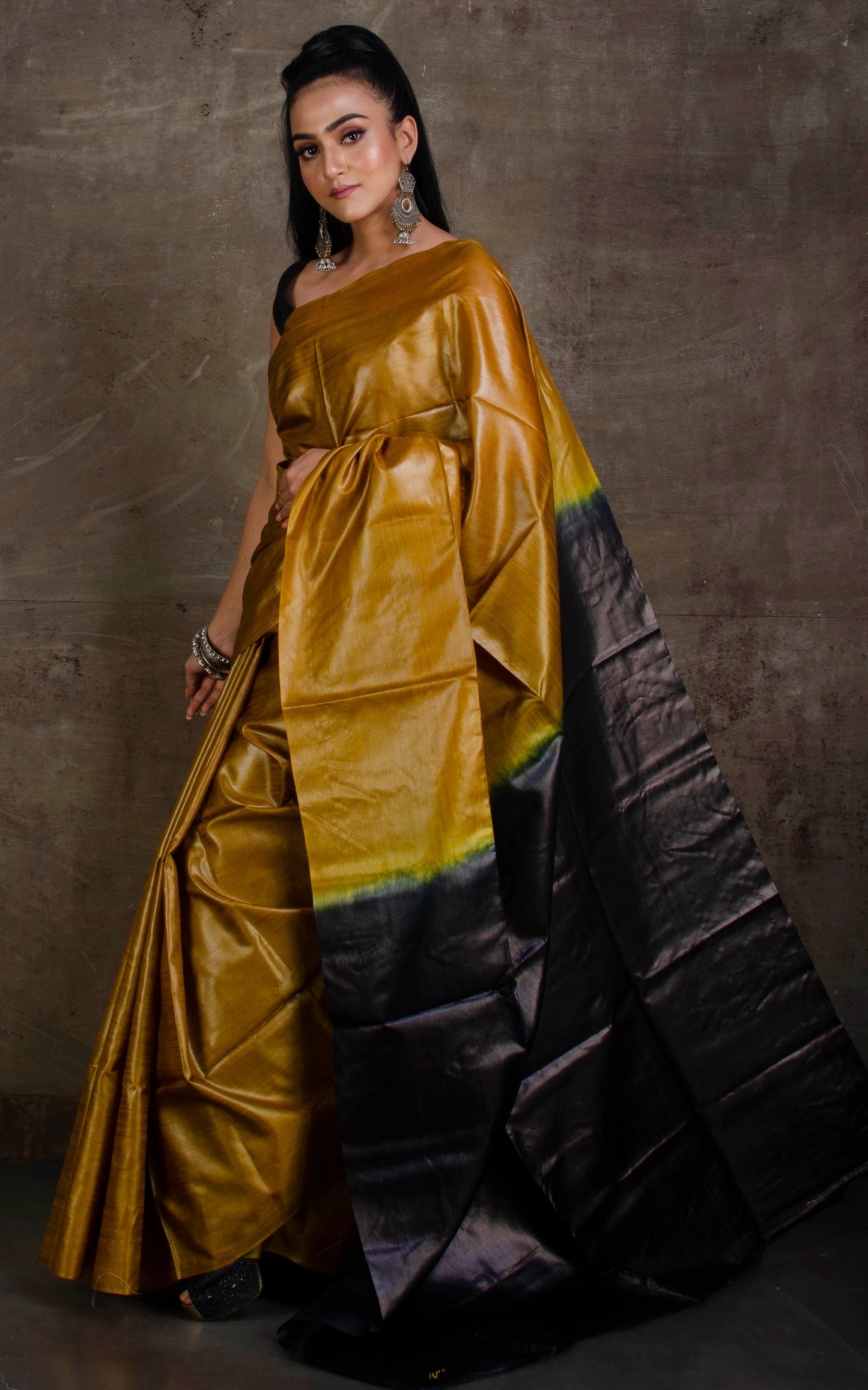 Color Dyed Soft Natural Tussar Silk Saree in Peanut Brown and Black