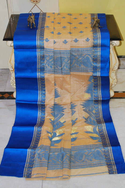 Satin Velvet Border Traditional Bengal Tussar Silk Saree in Beige and Blue