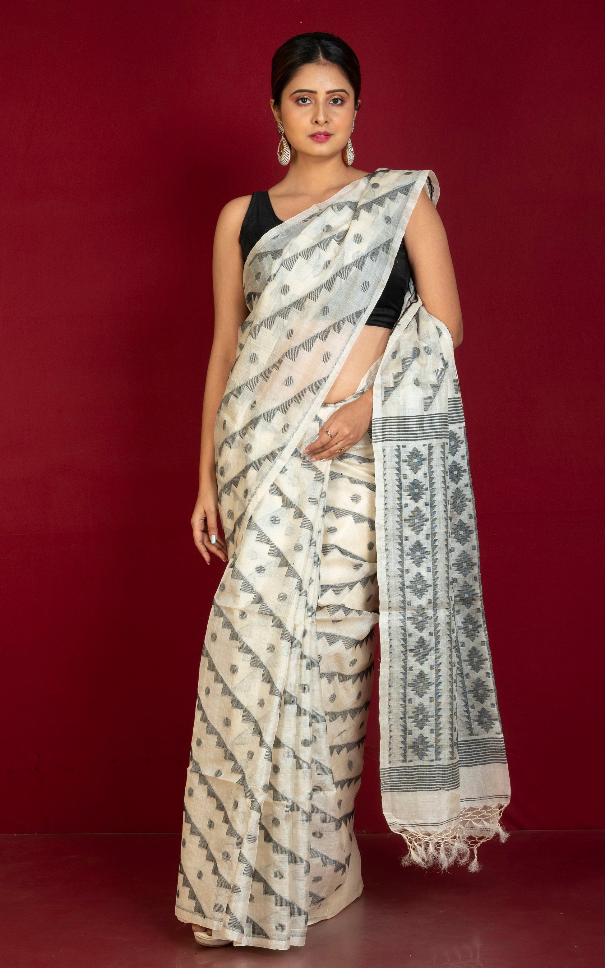 Premium Quality Tussar Silk Handwoven Karat Work Saree in Antique White and Black