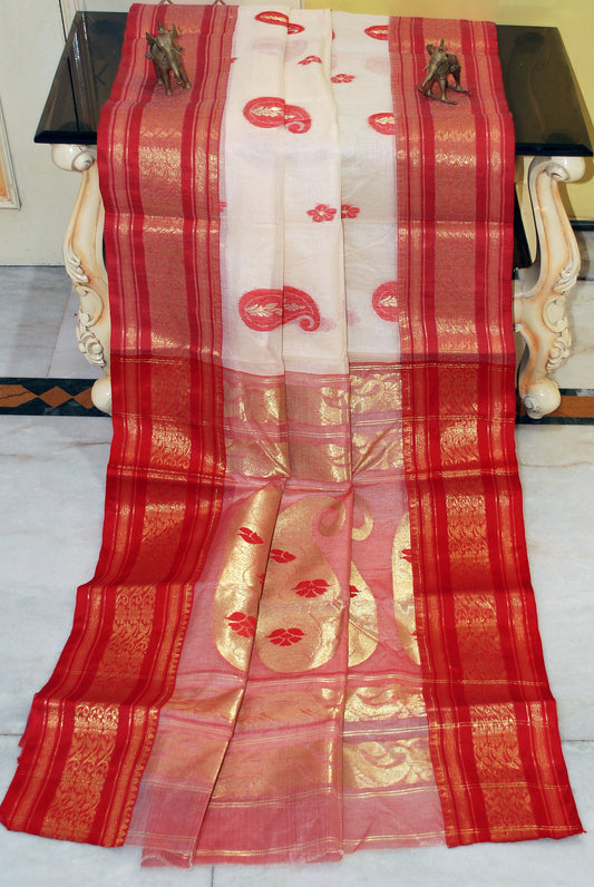 Satin Velvet Border Traditional Bengal Tussar Banarasi Saree in Off White and Red